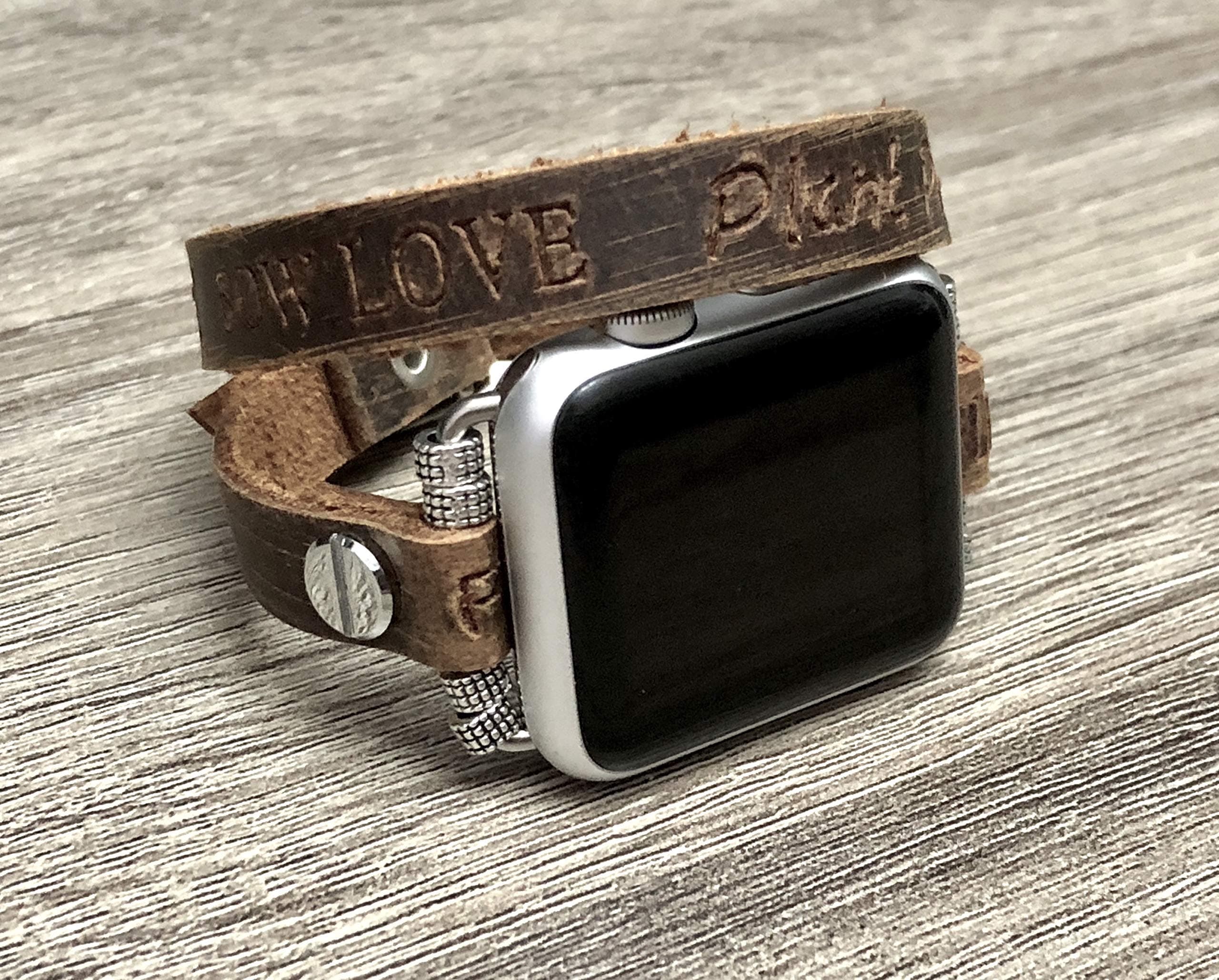 Brown Leather Bracelet For Apple Watch Series 4 3 2 1 38mm 40mm 42mm 44mm Handmade Double Wrap Strap iWatch Band Silver Metal Jewelry Embossed Words Adjustable Wristband