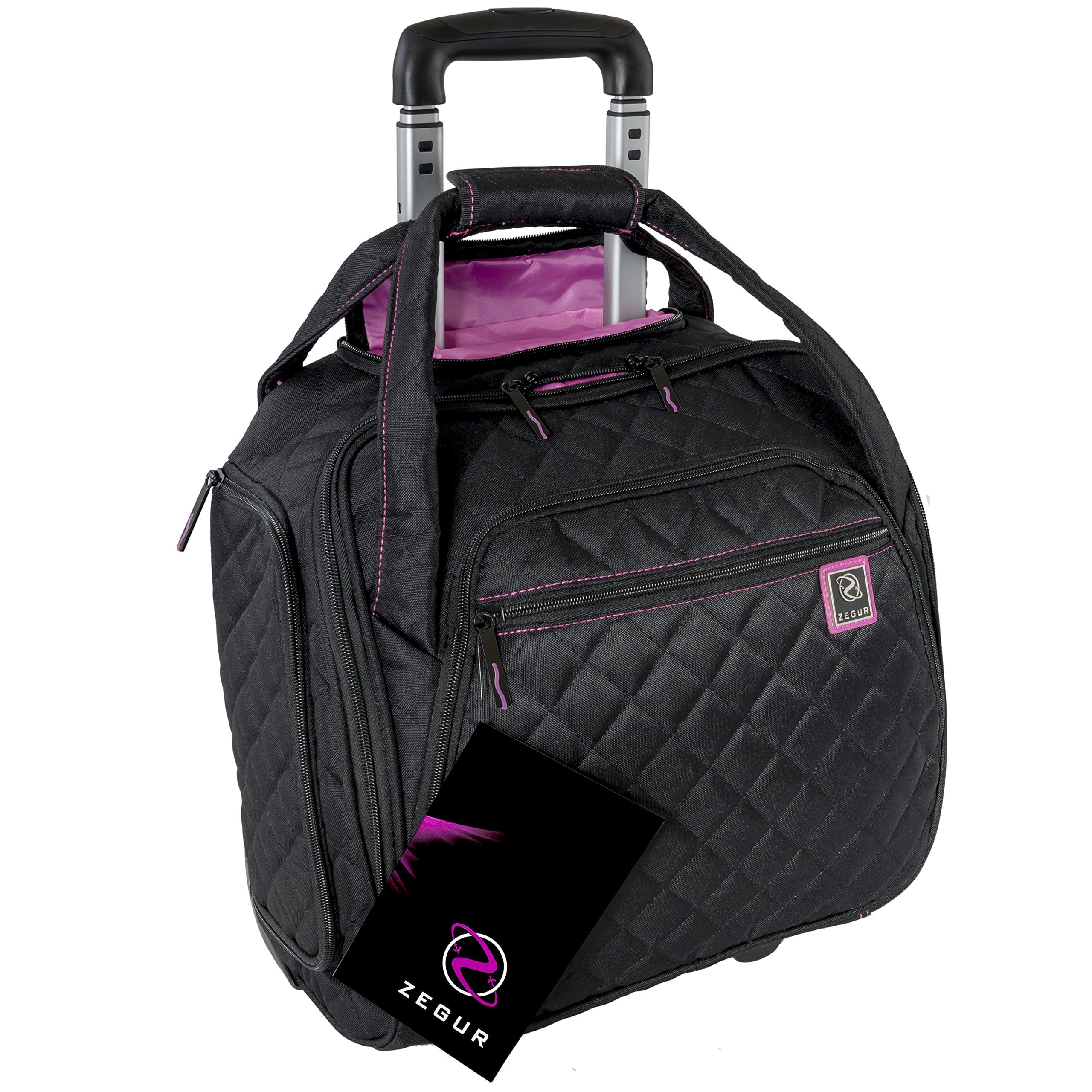 Quilted Rolling Underseat Carry-On Luggage - Wheeled Travel Tote Bag (Black)