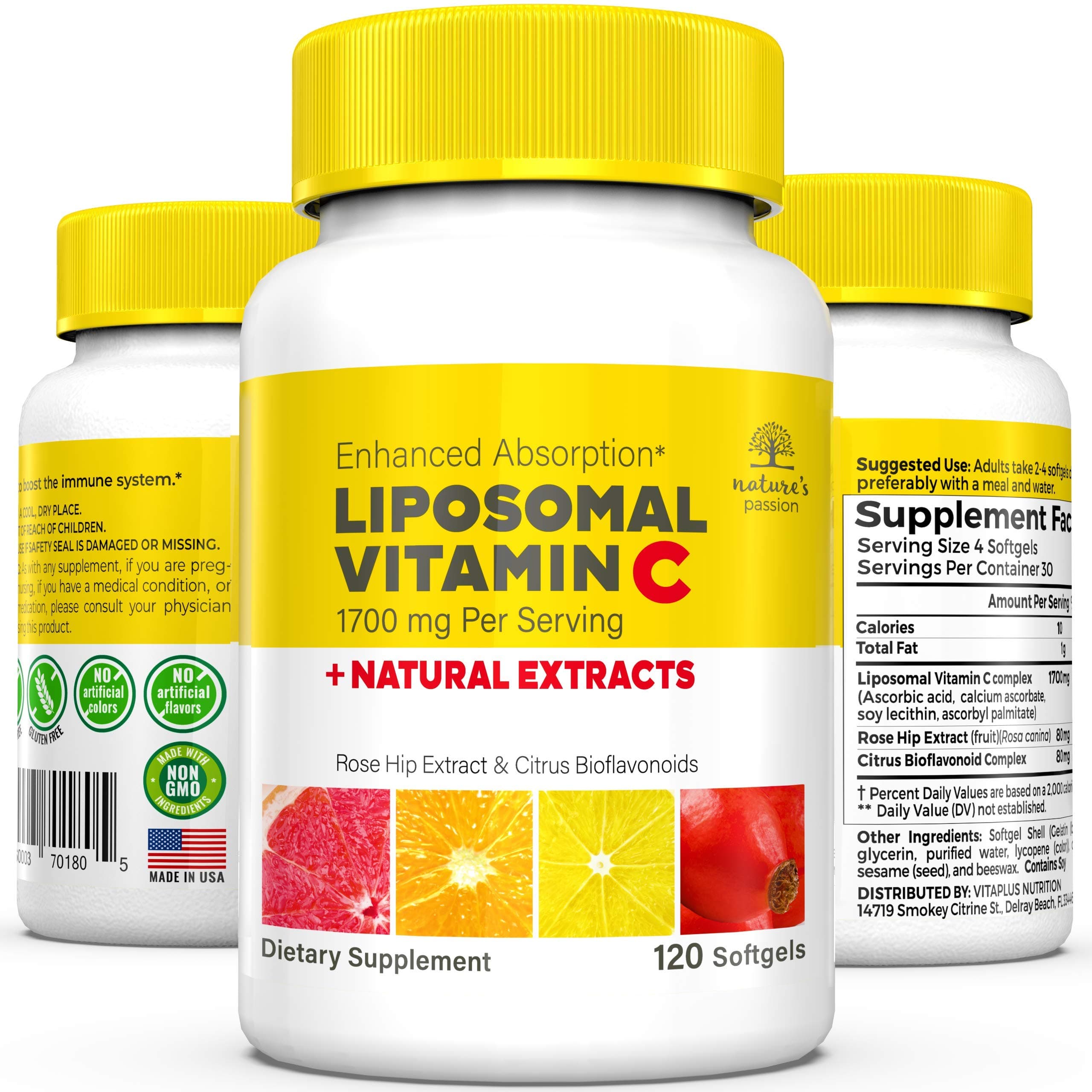 NATURE'S PASSION Liposomal Vitamin C - 1700mg Liposomal VIT C Immune Booster with Natural Rosehip Extract & Citrus Bioflavonoids. 12hr Time Release Vitamin C Capsules for High Absorption, 120 caps