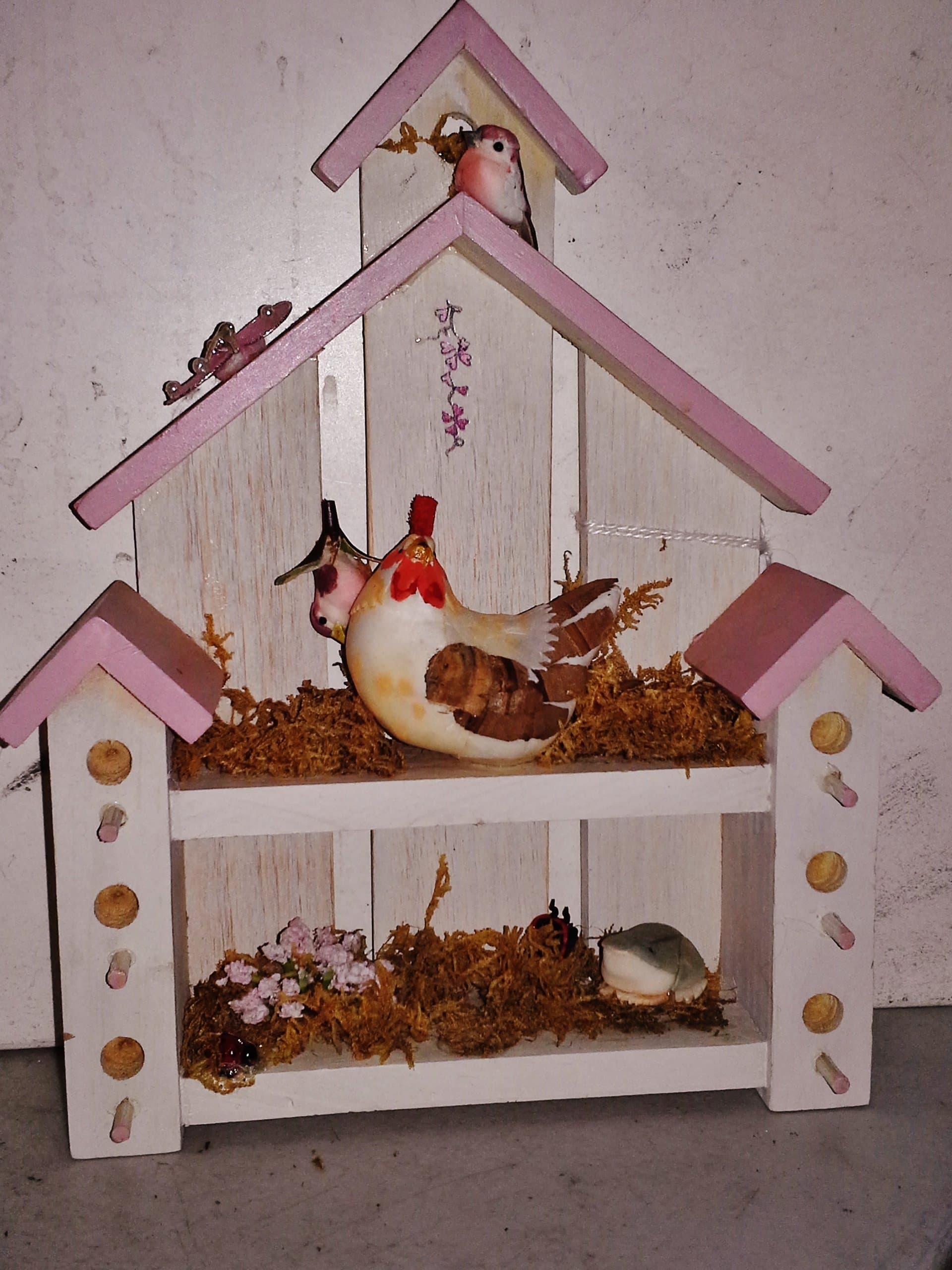 Shadow Box Style Craft Display Country Farm Theme with Miniature Chicken, Frog, Birds and Flowers - Shaped Like Birdhouse or Chicken Coop - 8 1/2" x 6 1/2" x 2"