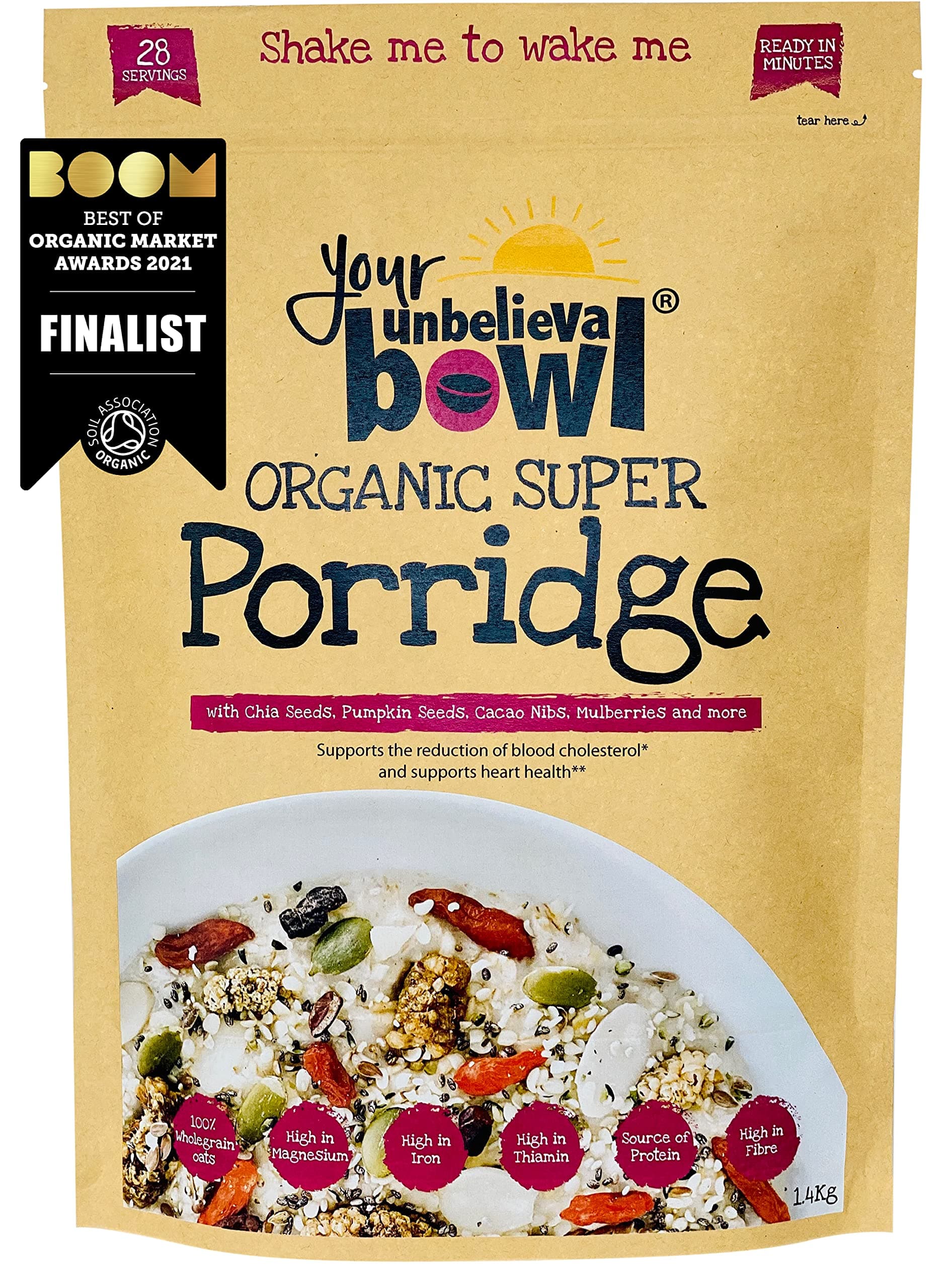 Organic Super Porridge / Overnight Oats, 1.4kg, 25% Superfoods, 28 Servings, 71p Per Serving, Gluten Free Oats, Chia, Hemp & Pumpkin Seed, Cacao, Mulberry, Goji, Flaxseed, Almond