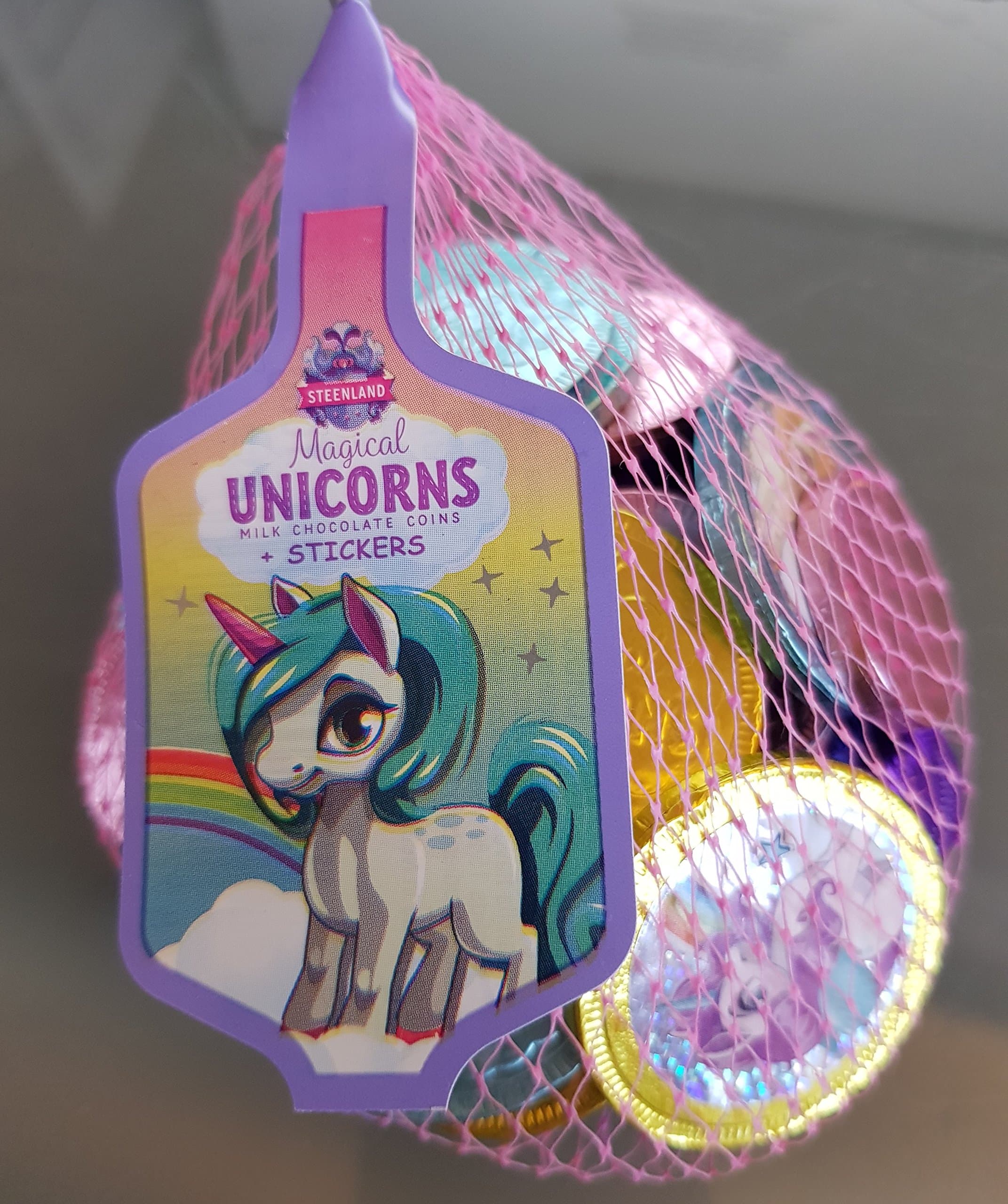 Magical Unicorn Milk Chocolate Coins & Stickers 100g Childrens Party Favours