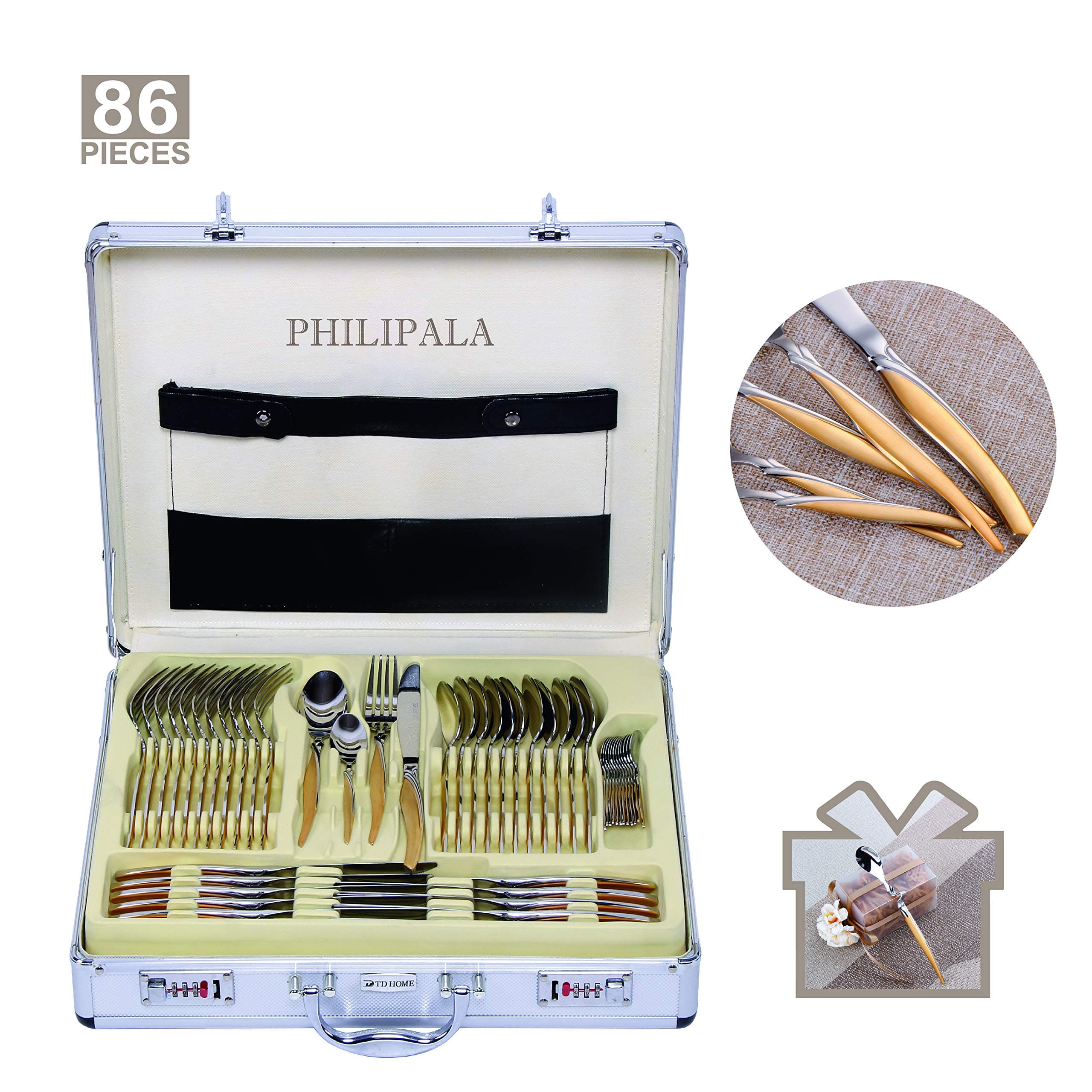 PHILIPALA 86-piece Flatware Sets Stainless Steel 18/10 Cutlery Set for 12 people with special shape design,Silverware Set with Aluminum box,suitable for large families and groups of friends