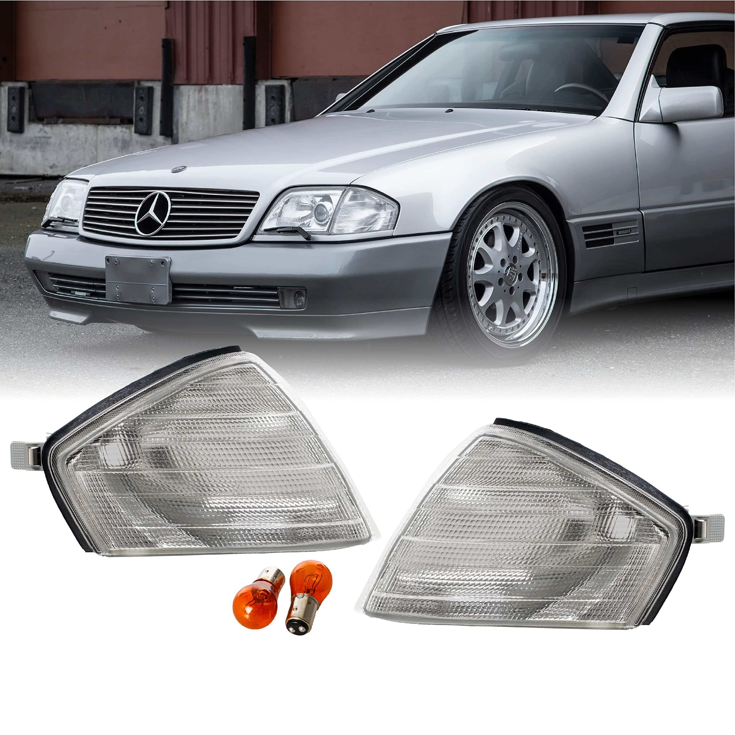 USR MBZ R129 Corner Lights - Euro OE Style Frost Lens All Clear Front Turn Signal Lamps Set (Left + Right) Compatible with 1990-2002 Mercedes Benz R129 Chassis SL Class Roadster