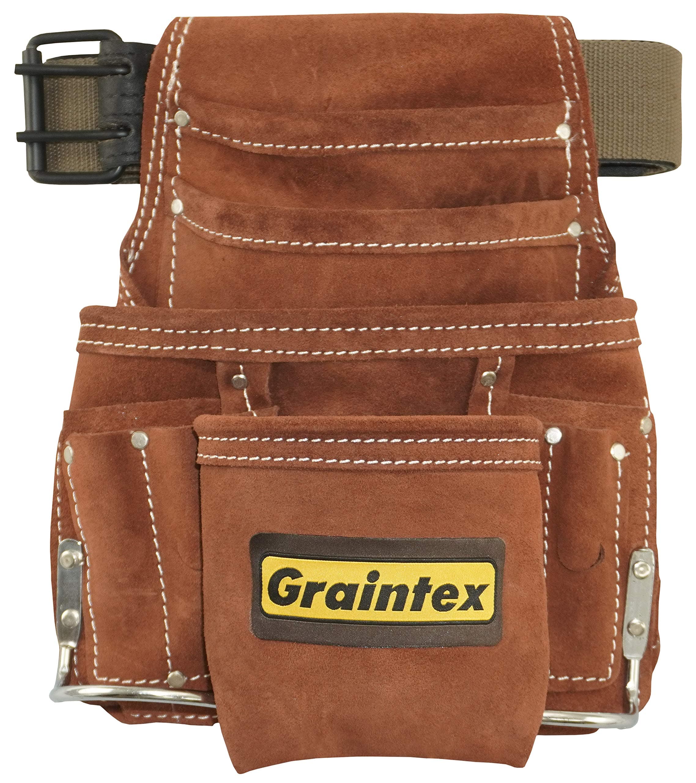 Graintex SS2976 10 Pocket Nail & Tool Pouch Brown Color Suede Leather with 2” Leather/Webbing Belt for Constructors, Electricians, Plumbers, Handymen