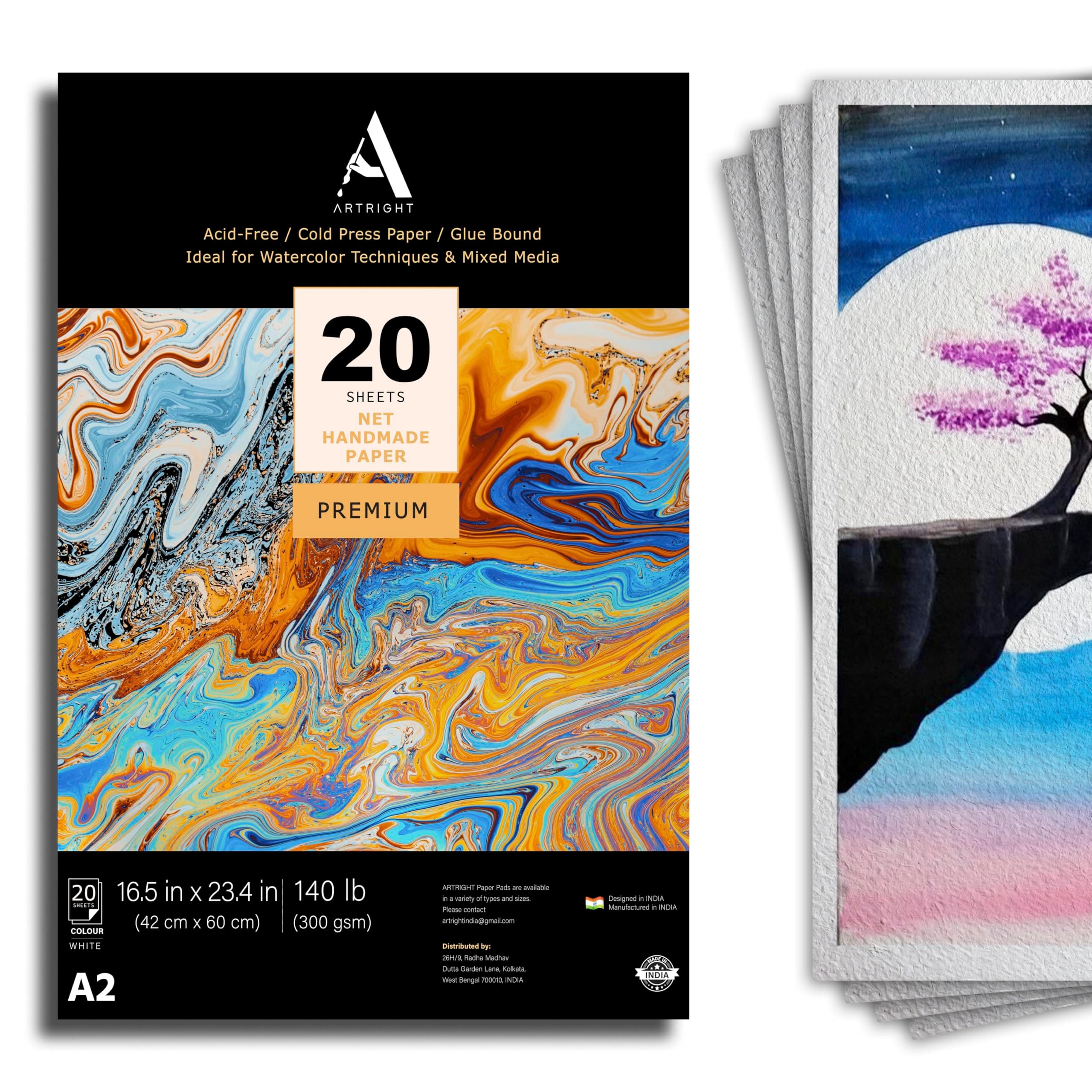 ArtRight White Net Handmade Papers (280 GSM) Ultra Premium fine Textured Dotted Handmade Watercolor Papers for Watercolour, Acrylic, Ink and Mixed Media (A2-20)