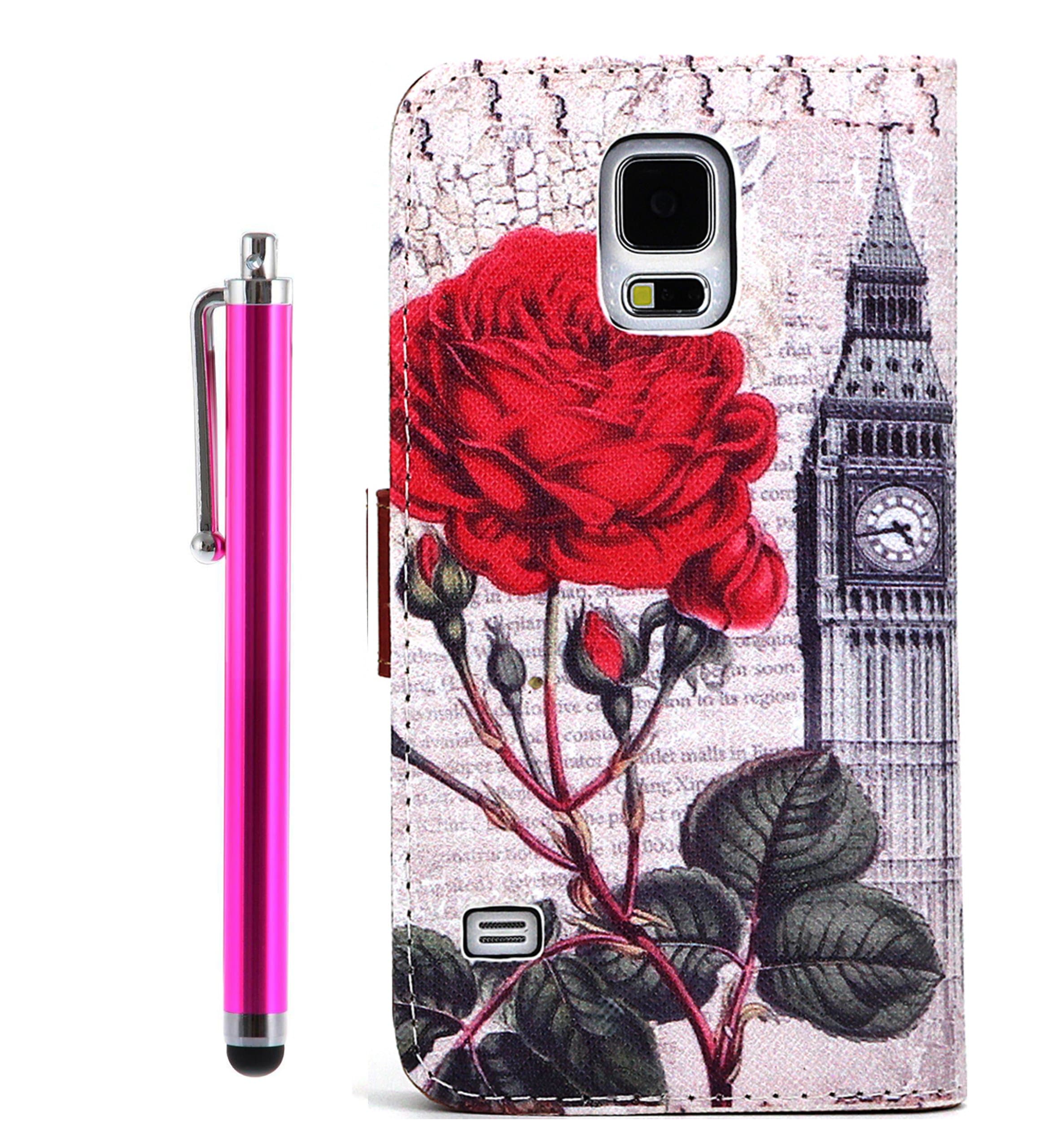 PU Leather Folio Stand Wallet Case / Cover for Samsung Galaxy S5 + Stylus Pen in Retail Packaging (Rose)