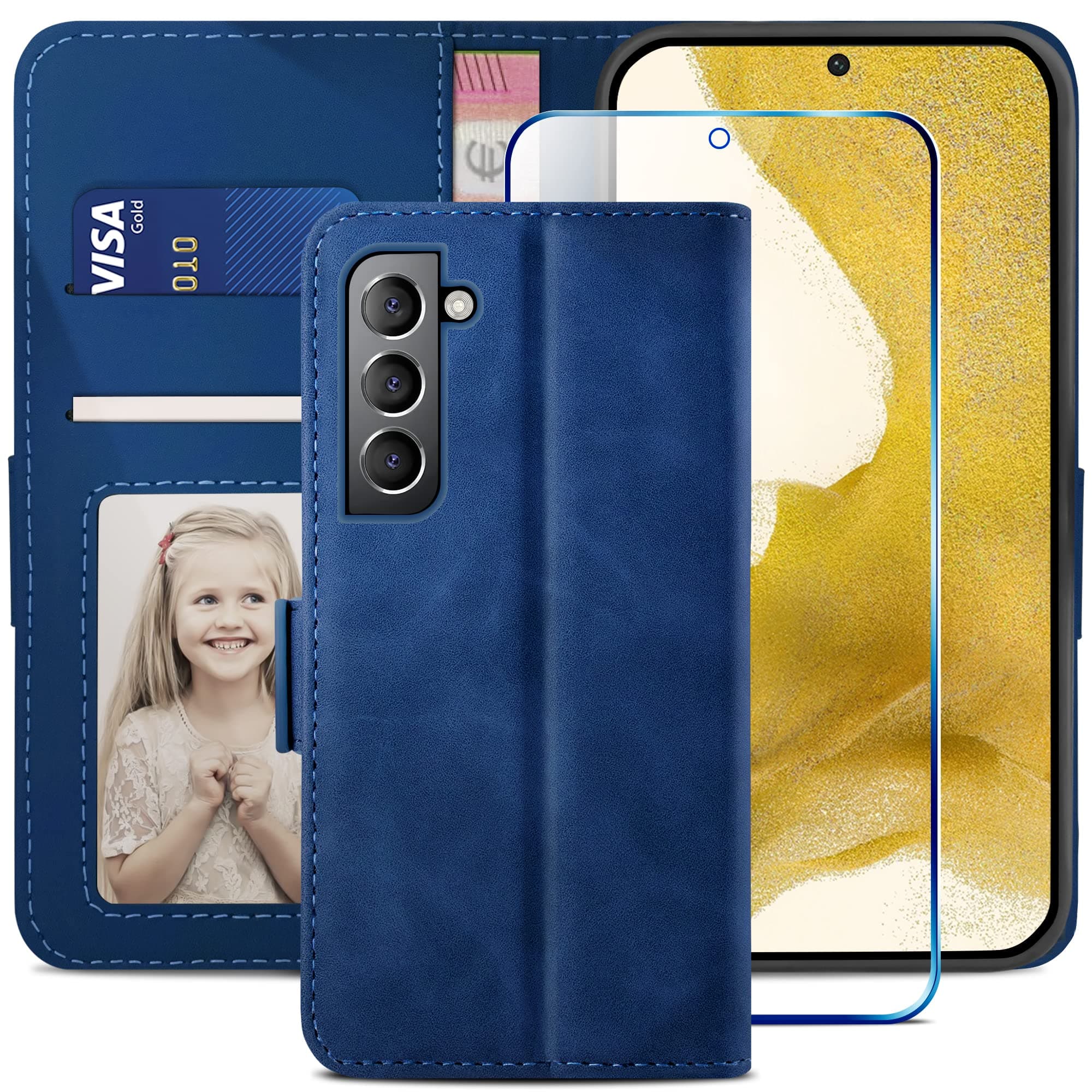 YATWIN Compatible with Samsung Galaxy S22 Plus Case, Flip Wallet Leather Case with Screen Protector and Card Slot Kickstand Phone Cases Cover for Samsung S22 Plus 5G - Blue