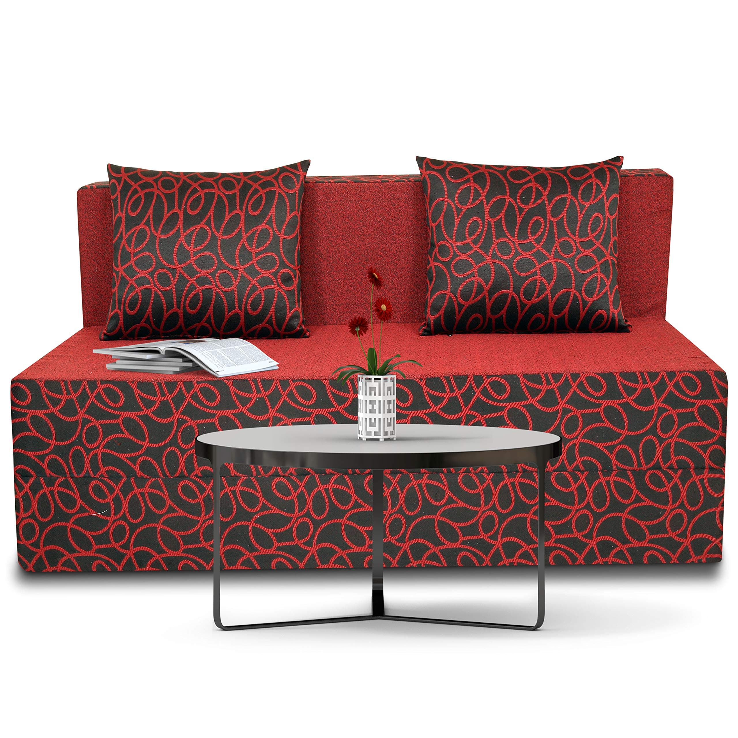 Adorn India Easy Two Seater Sofa Cum Bed Poly Cotton (Maroon and Black)  (4 x 6)