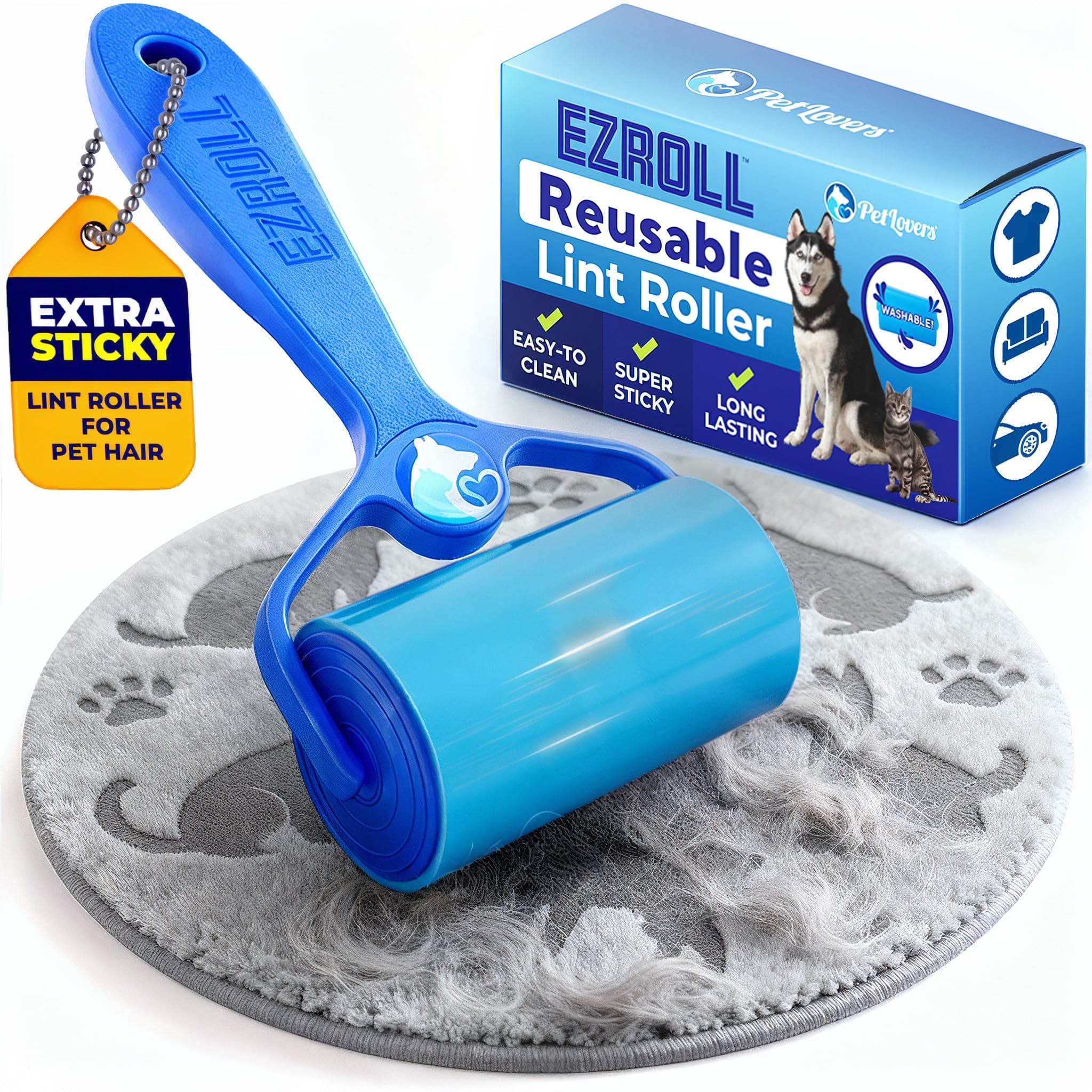 PetLovers EzRoll Reusable Lint Roller - Sticky for Life & Multi-Purpose Pet Hair Dust & Lint Remover for Clothing Upholstery & Cars - Sustainable Washable & Efficient