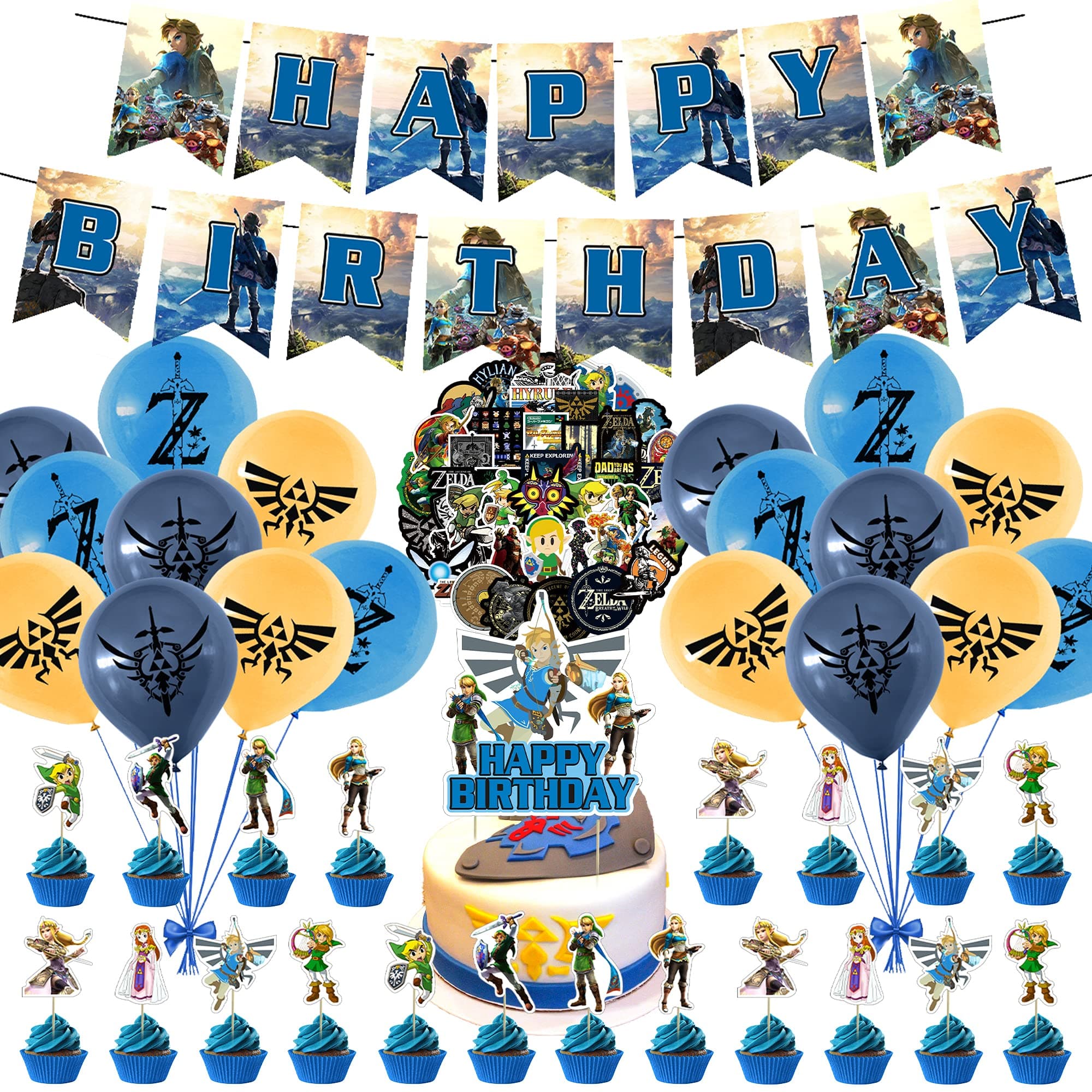 50 Pcs Zelda Birthday Party Supplies, Zelda Theme Game Party Decorations with Happy Birthday Banner Cake Topper Cupcake Toppers Balloons