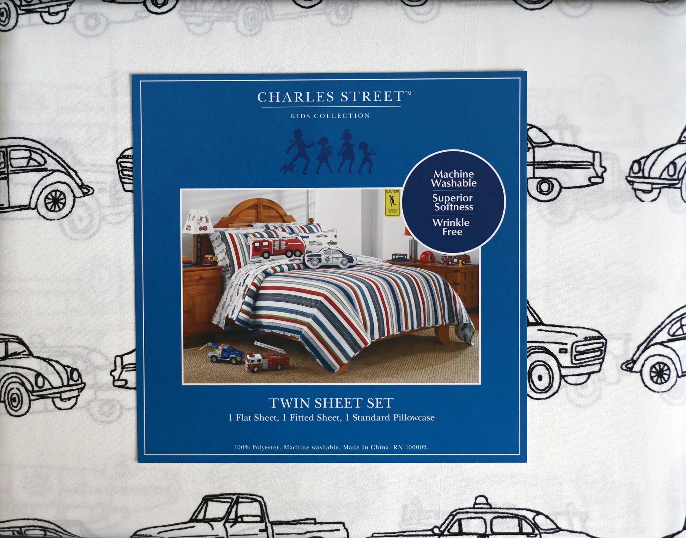 Charles Street 4 Piece Full Size Kids Sheet Set Vintage Cars Black on White