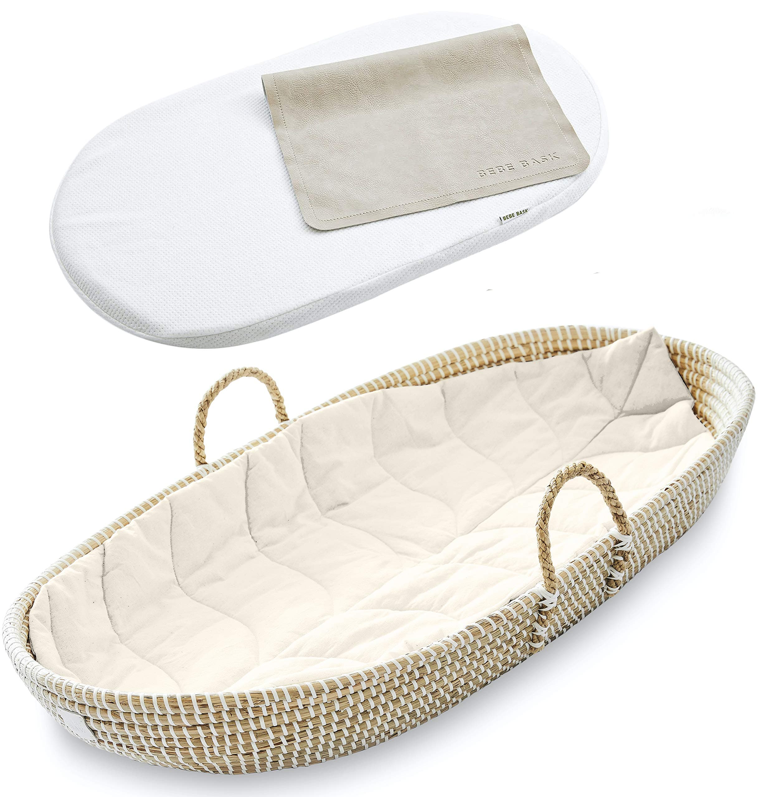 BEBE BASK Kosiy Premium Baby Changing Basket Set - Handmade Seagrass Changing Table Basket - Luxury Leaf Linen Liner - Thick, Soft & Waterproof Bamboo Pad - Vegan Leather Baby Changing Mat