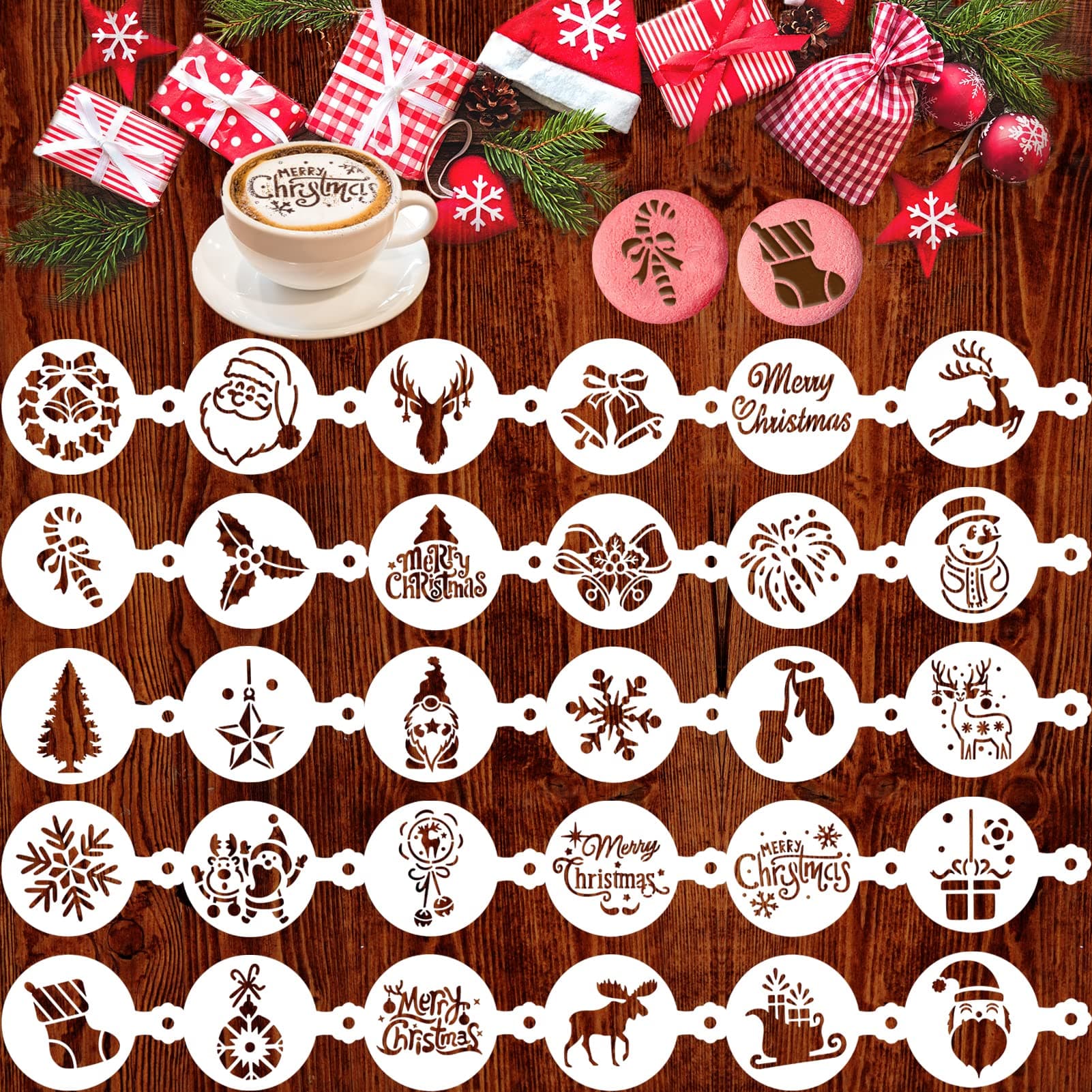 30pcs Christmas Cookie Stencil Baking Mold, Xmas Party Fondant Coffee Decoration Embossing Mold, Santa Claus Christmas Tree Snowflake Bell Plastic Painting Templates
