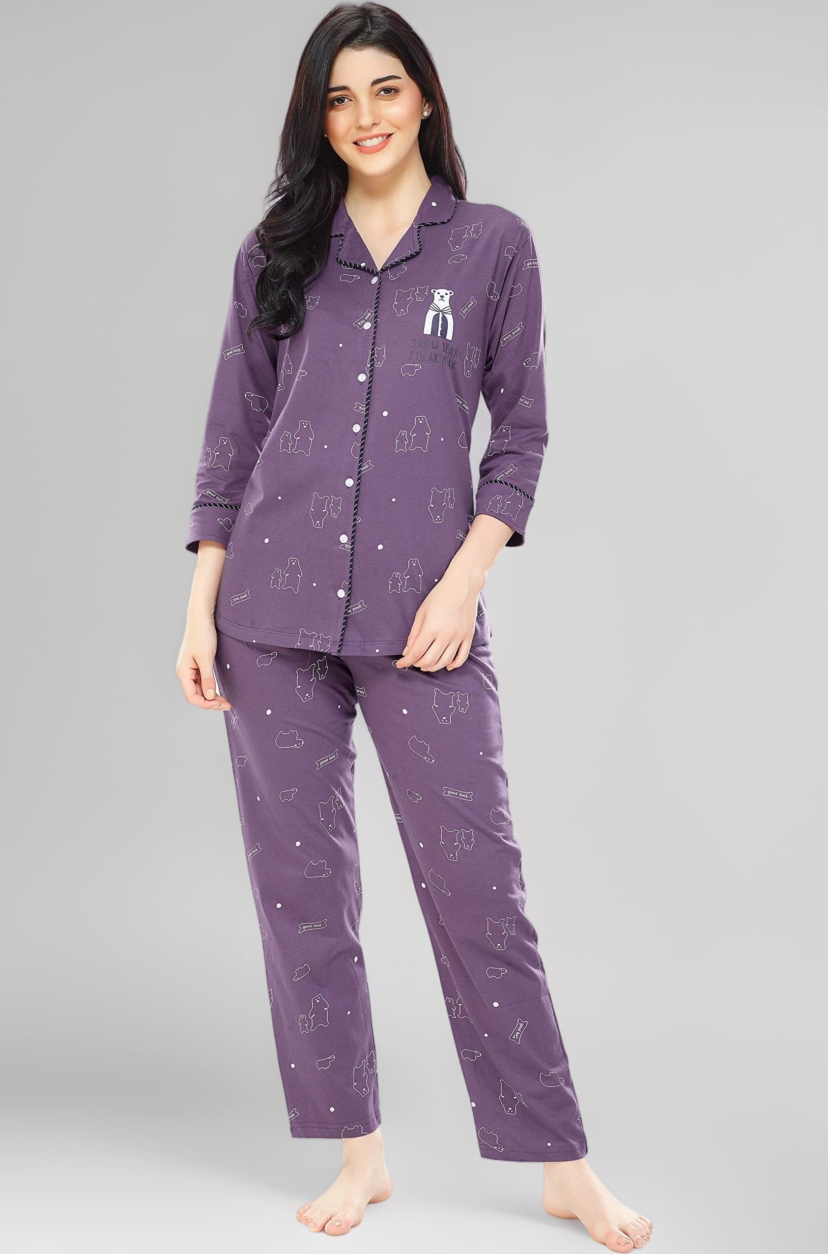 Women's Cotton Heart Printed Night Suit Set of Shirt & Pajama Set 5274 (Available in Plus Size)