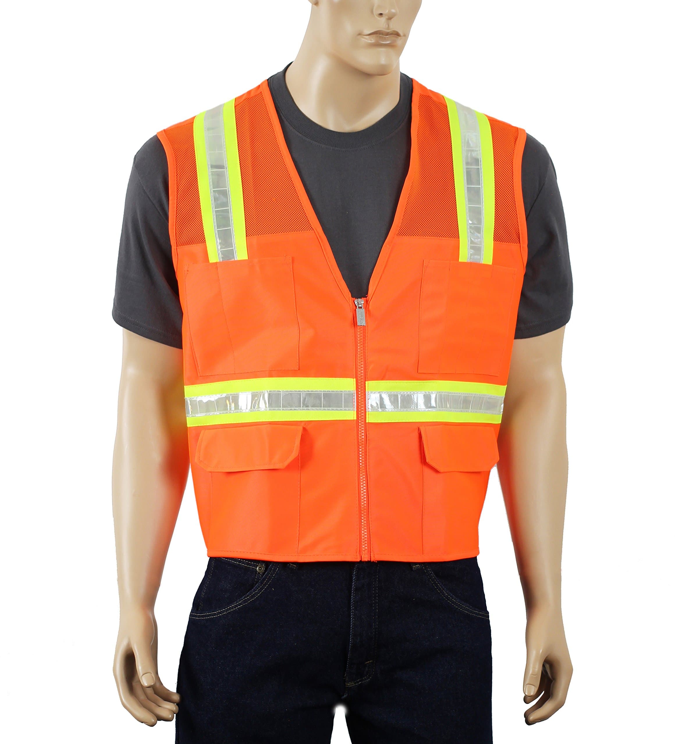 Two Tone Mesh Safety Vest with Pockets and Zipper High Visibility Orange Surveyor Reflective Vest Safety Depot 8038M (2XL)