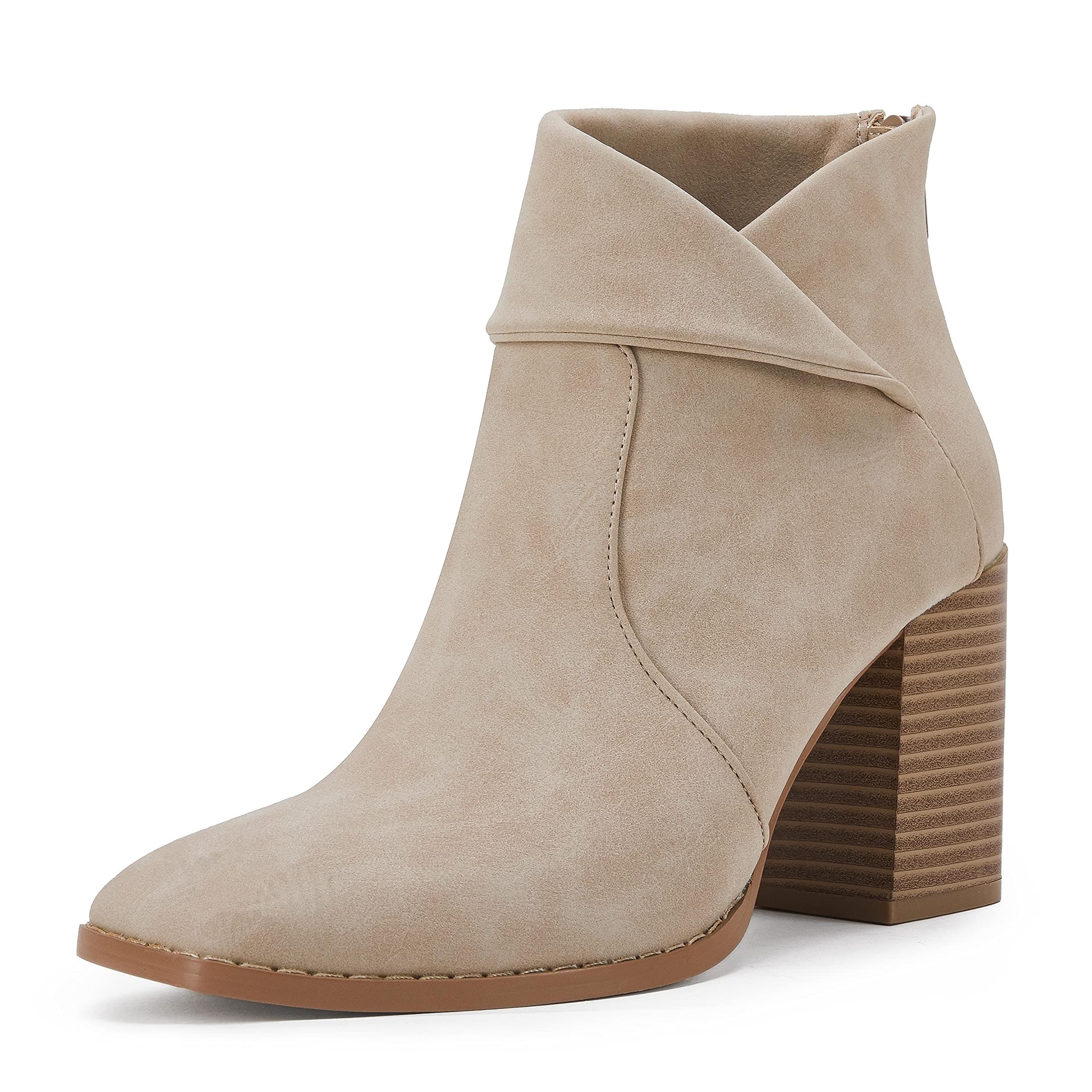 LAICIGO Women's Square Toe Ankle Boots High Chunky Stacked Heel Slip On Criss Cross Zipper Booties