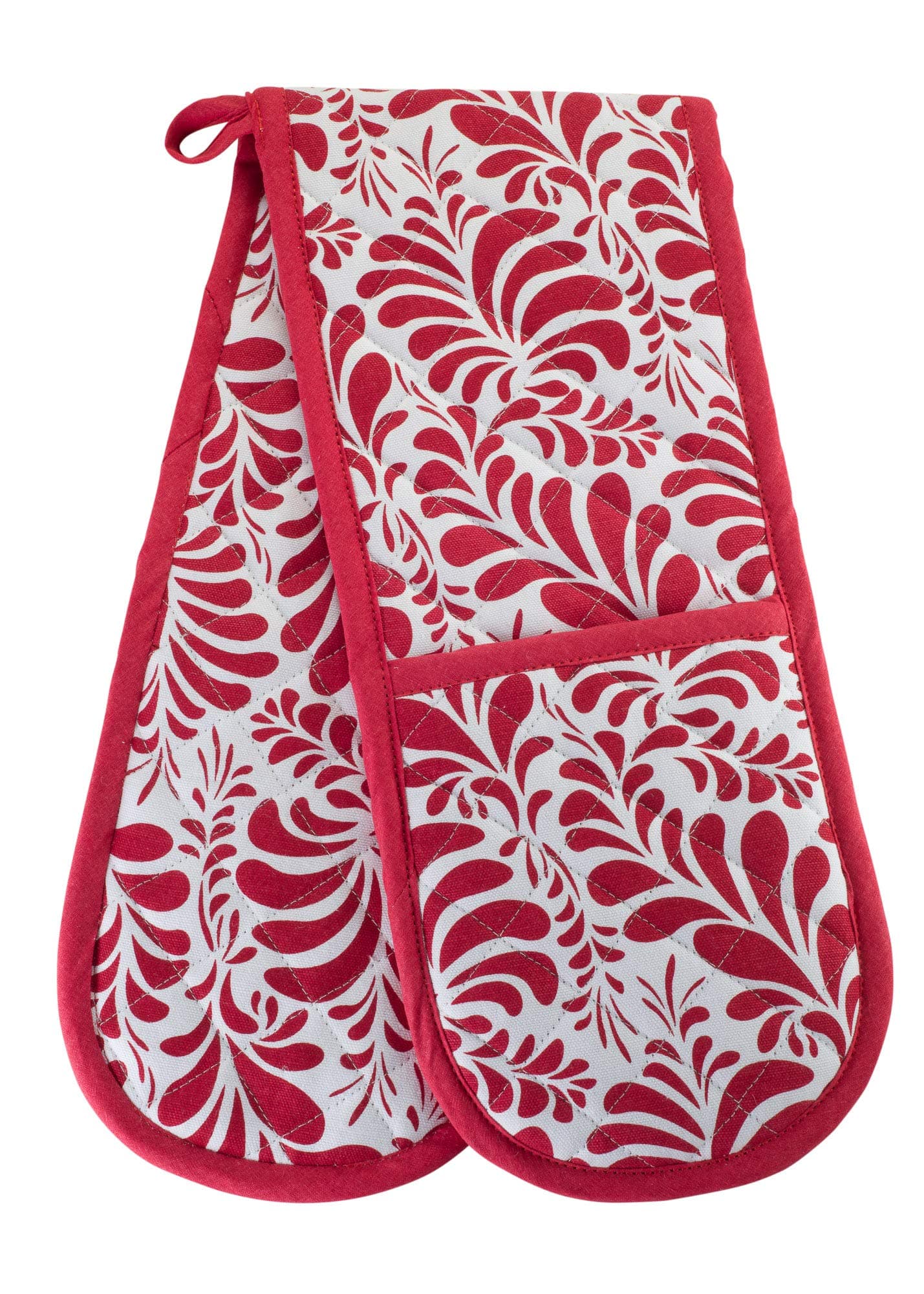 Kitchen BBQ Christmas Red Double Oven Mitts Gloves | Extra Long & Thick, Heat Resistant | Quilted Cloth Attached 1 Piece Oven Gloves | 100% Cotton Pretty Elegant Pattern Holiday Pot Holder