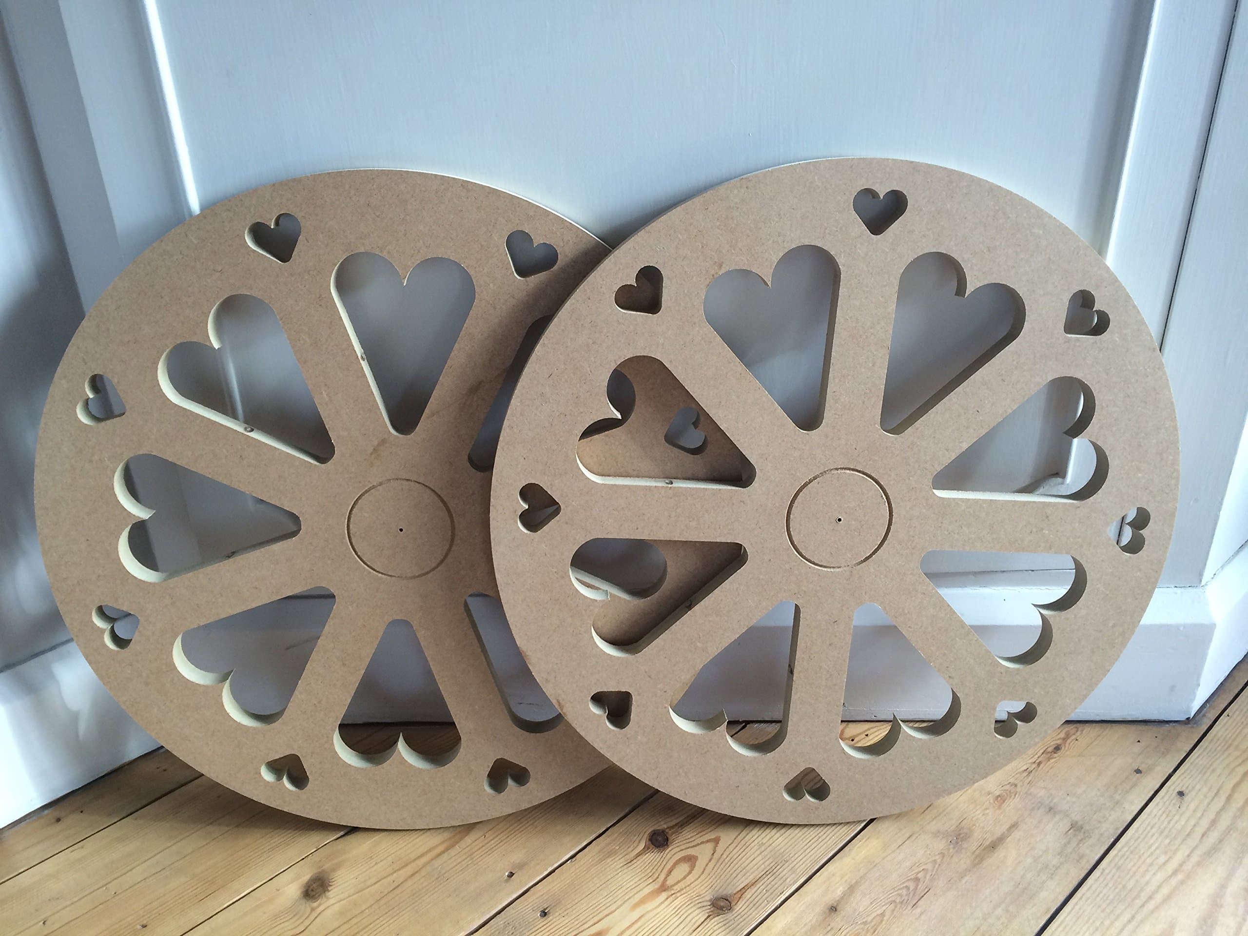 Old Farm Woodcraft Pair of Candy Cart wheels with love heart cut outs 50cms weddings parties anniversaries ready to paint