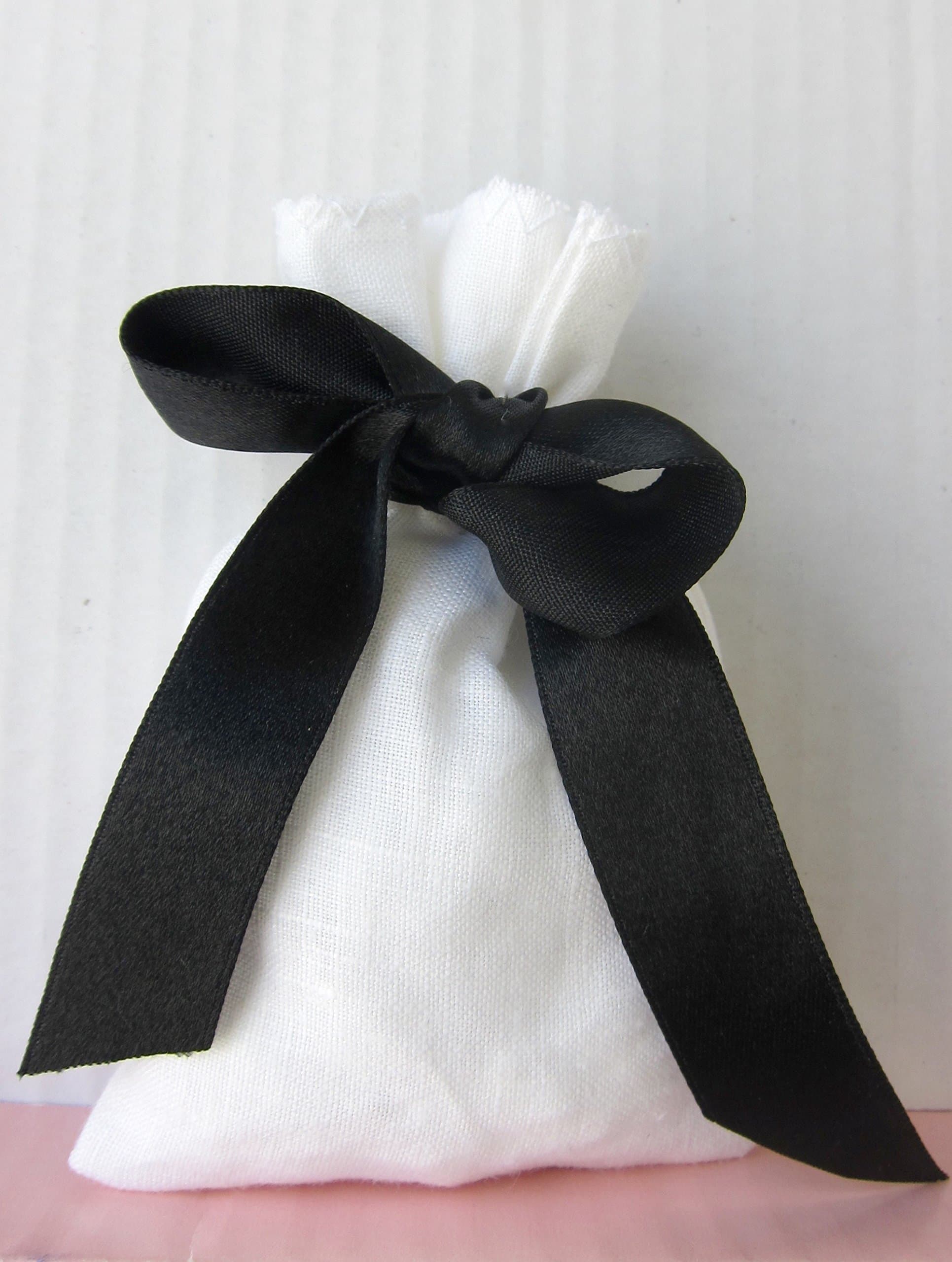 24 White French Linen Pouches with Black Oversized Satin Ribbon Gift bags for Wedding Favours luxury packaging, choose your size