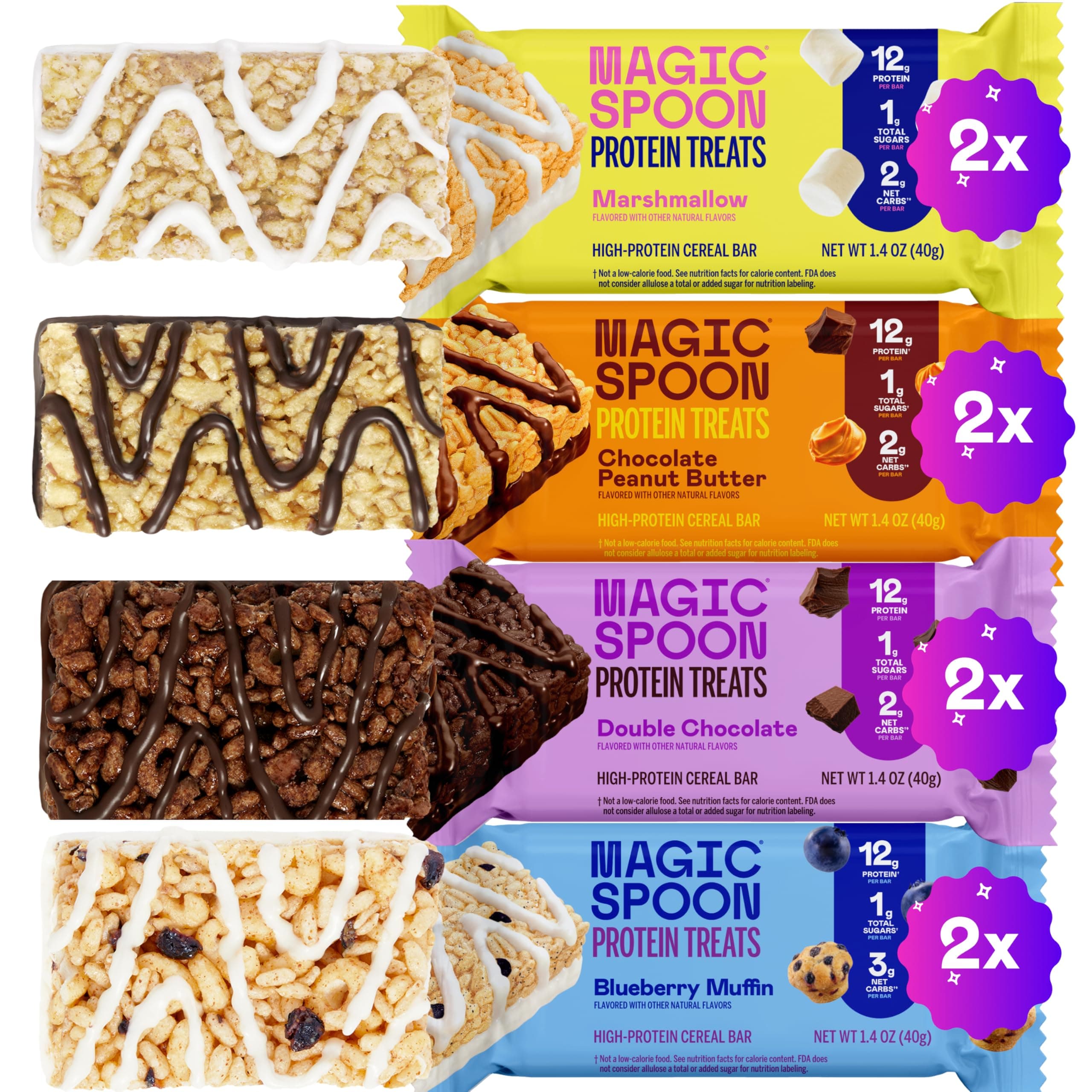Magic Spoon Treats - 8 High Protein Bars: 2 Marshmallow, 2 Chocolate Peanut Butter, 2 Blueberry Muffin, 2 Double Chocolate - High Protein Gluten Free Snack - Sugar Free Protein Cereal Bar