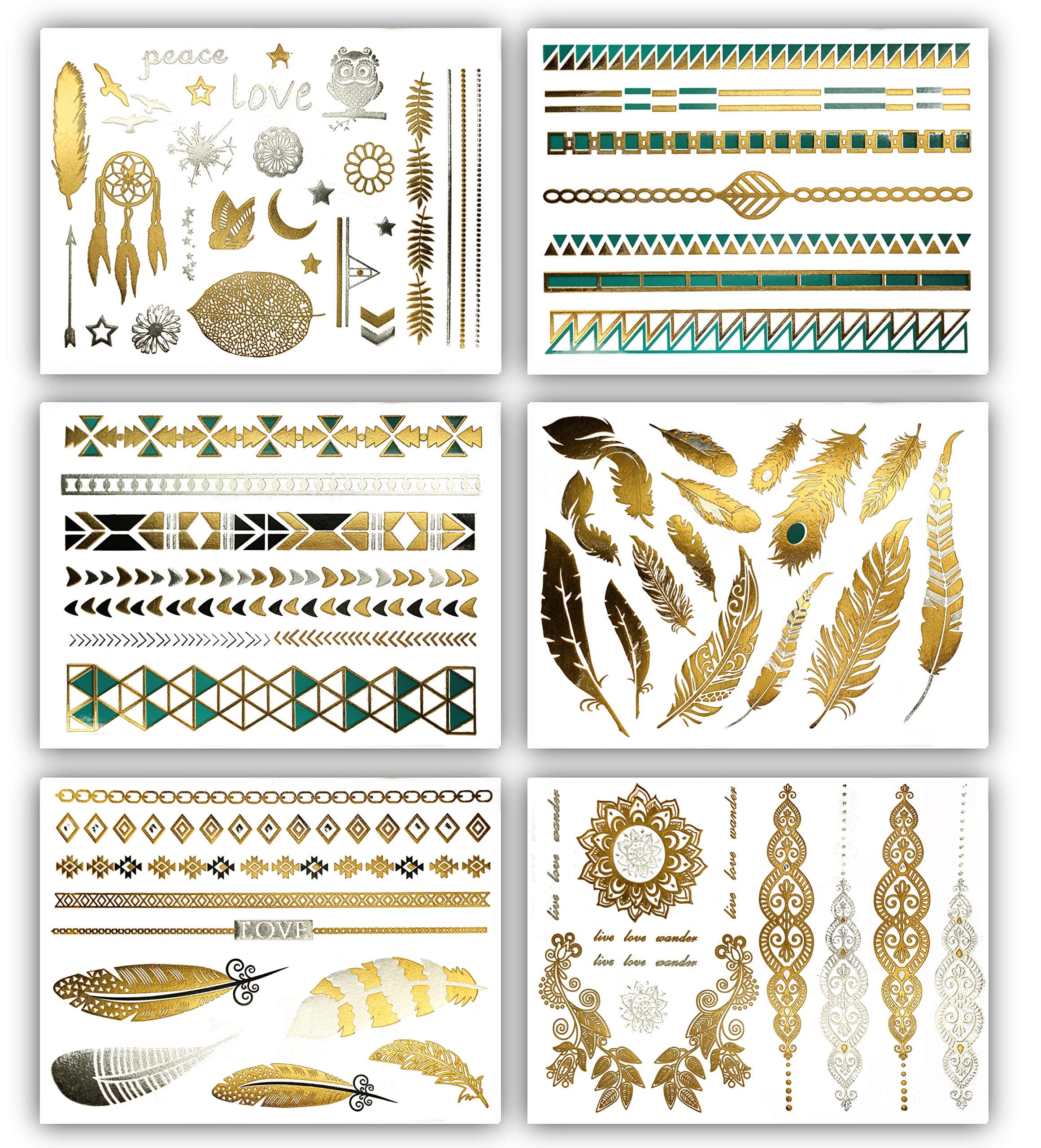 Temporary Tribal Boho Metallic Tattoos - Over 75 Designs in Turquoise Gold and Silver (6 Sheets) Terra Tattoos Chloe Collection