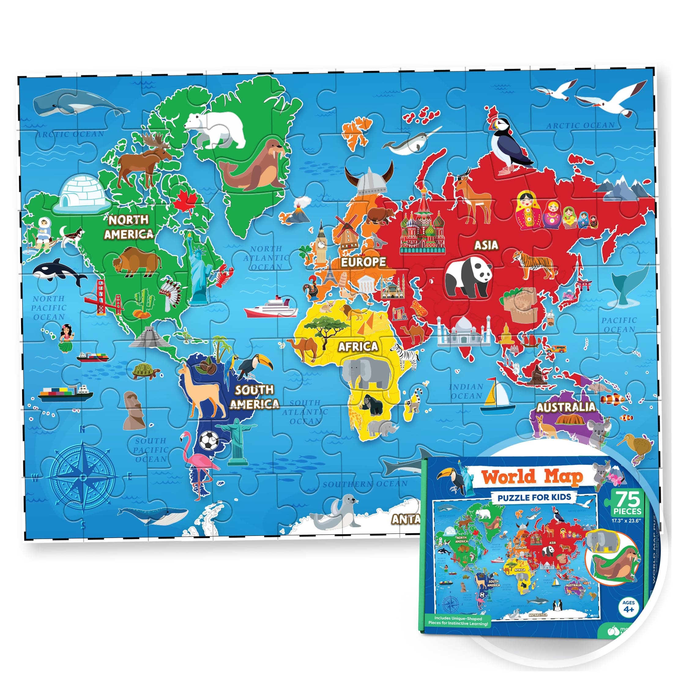 Momo & Nashi World Map Puzzle for Kids - 75 Piece - World Puzzles with Continents - Childrens Jigsaw Geography Puzzles for Kids Ages 4-8, 5, 6, 7, 8-10 Year Olds - Globe Atlas Puzzle Maps