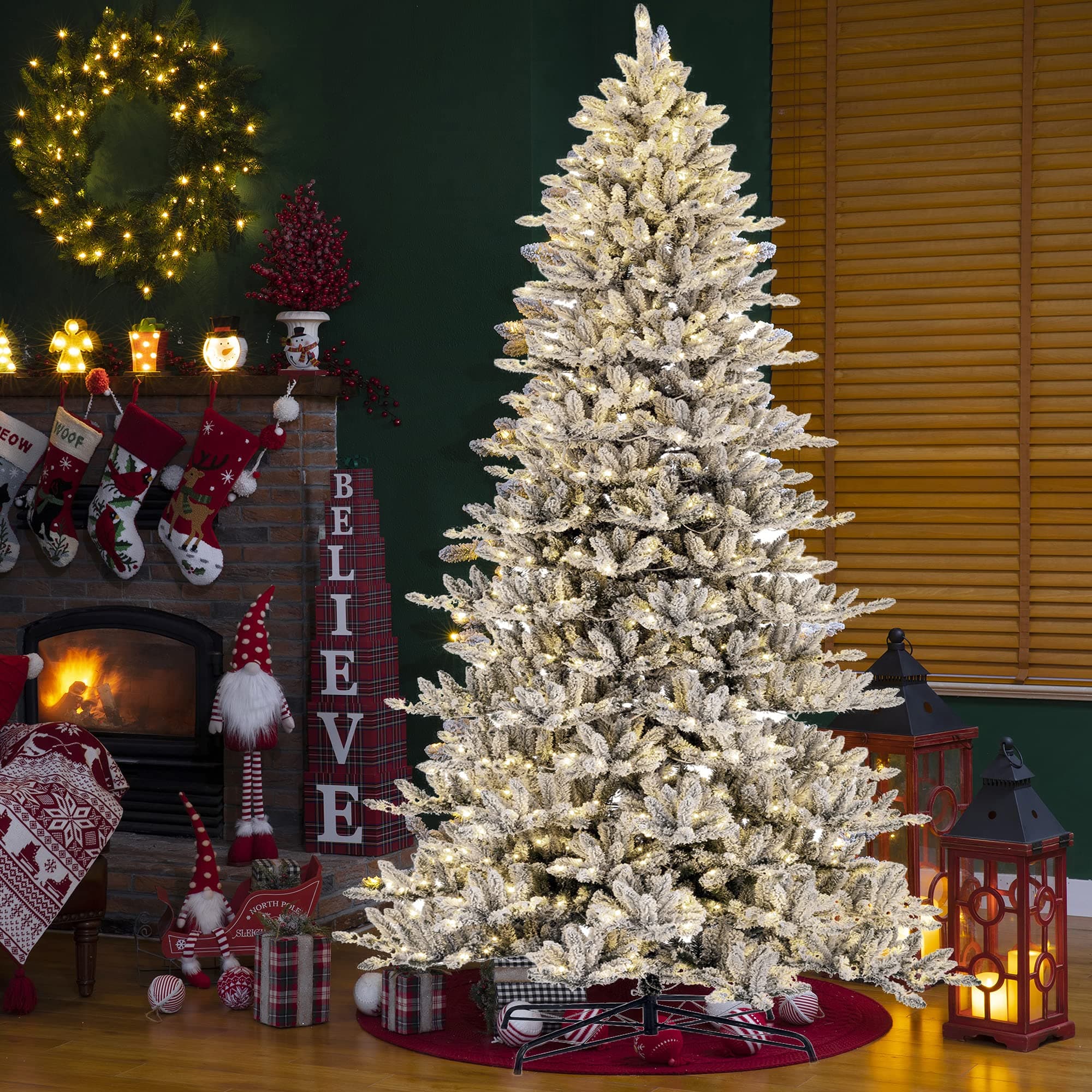 eUty11FT Pre-Lit Flocked Christmas Tree Artificial Snowfall Christmas Fir Tree with 950 Warm Lights Realistic Full Natural Layered Xmas Tree for Home Party Decoration(Covered Some Glitter)