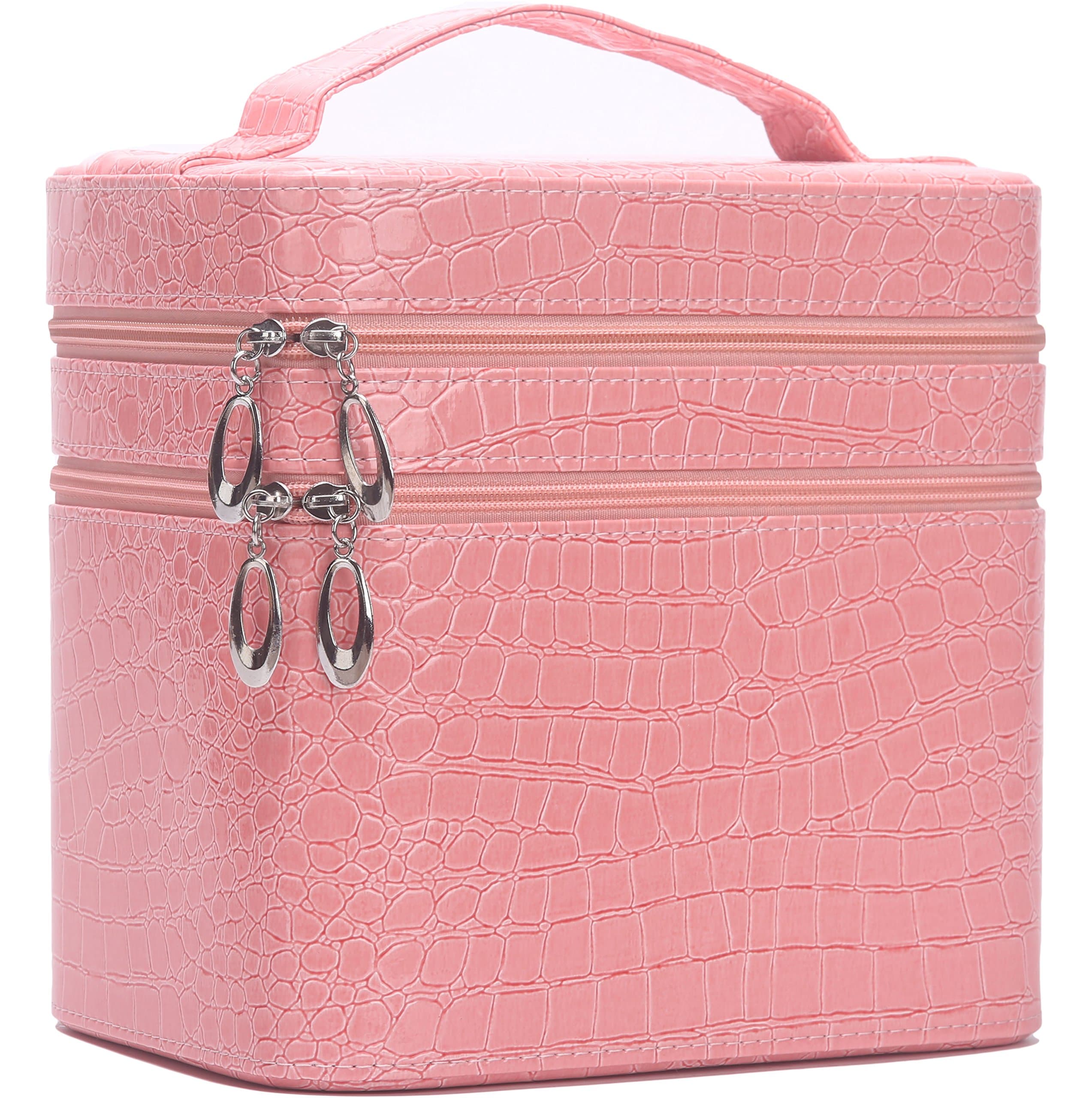 HOYOFO Cosmetic Bag Makeup Case Mirror Double Layer Makeup Case Organizer Box, Pink