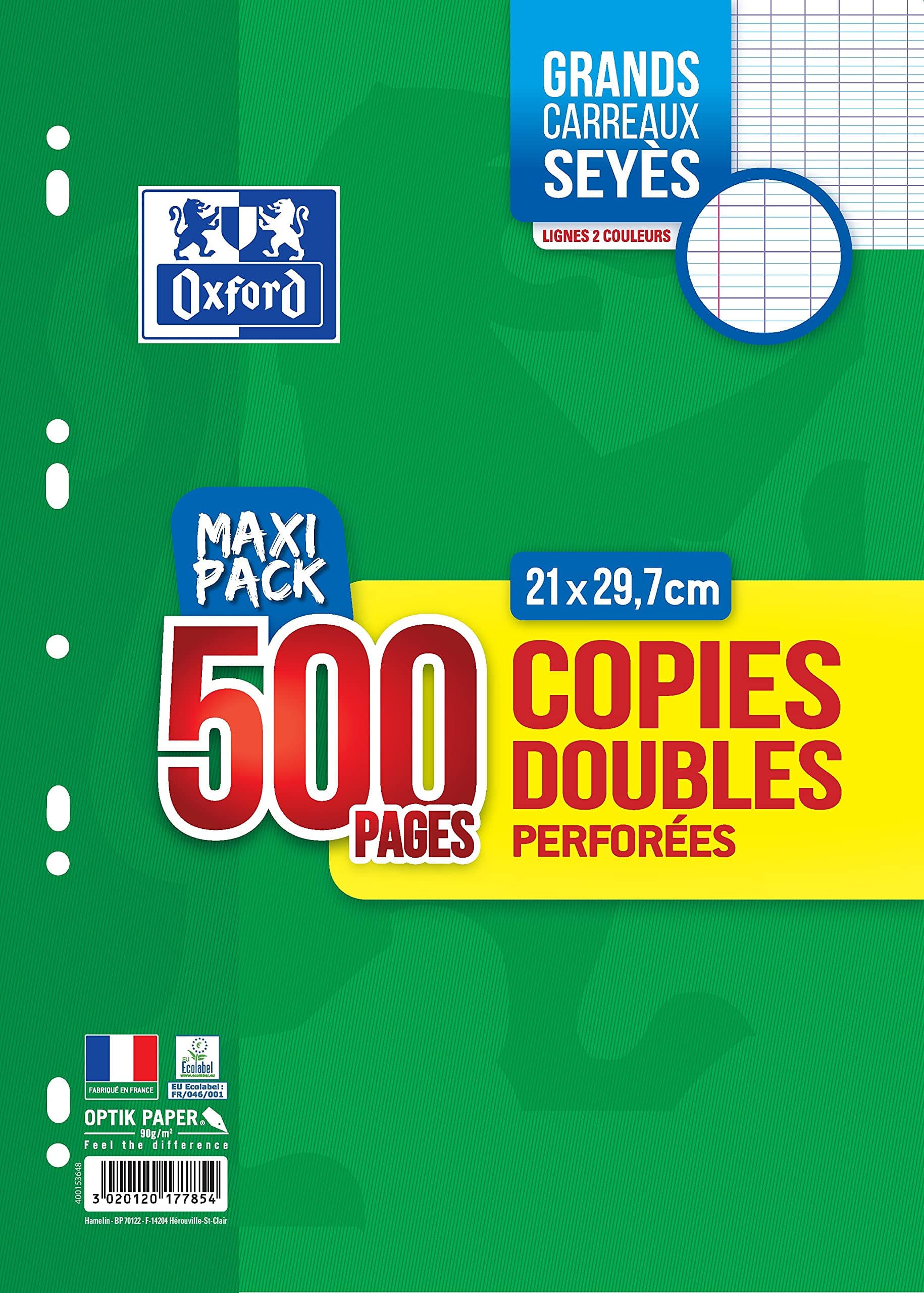 Oxford Double Copies Large Squares Writing Paper, 500 White Pages, A4, 90 g, Under Film, Style: Double Copies Large Squares, Made in France, Ecolabel Certified