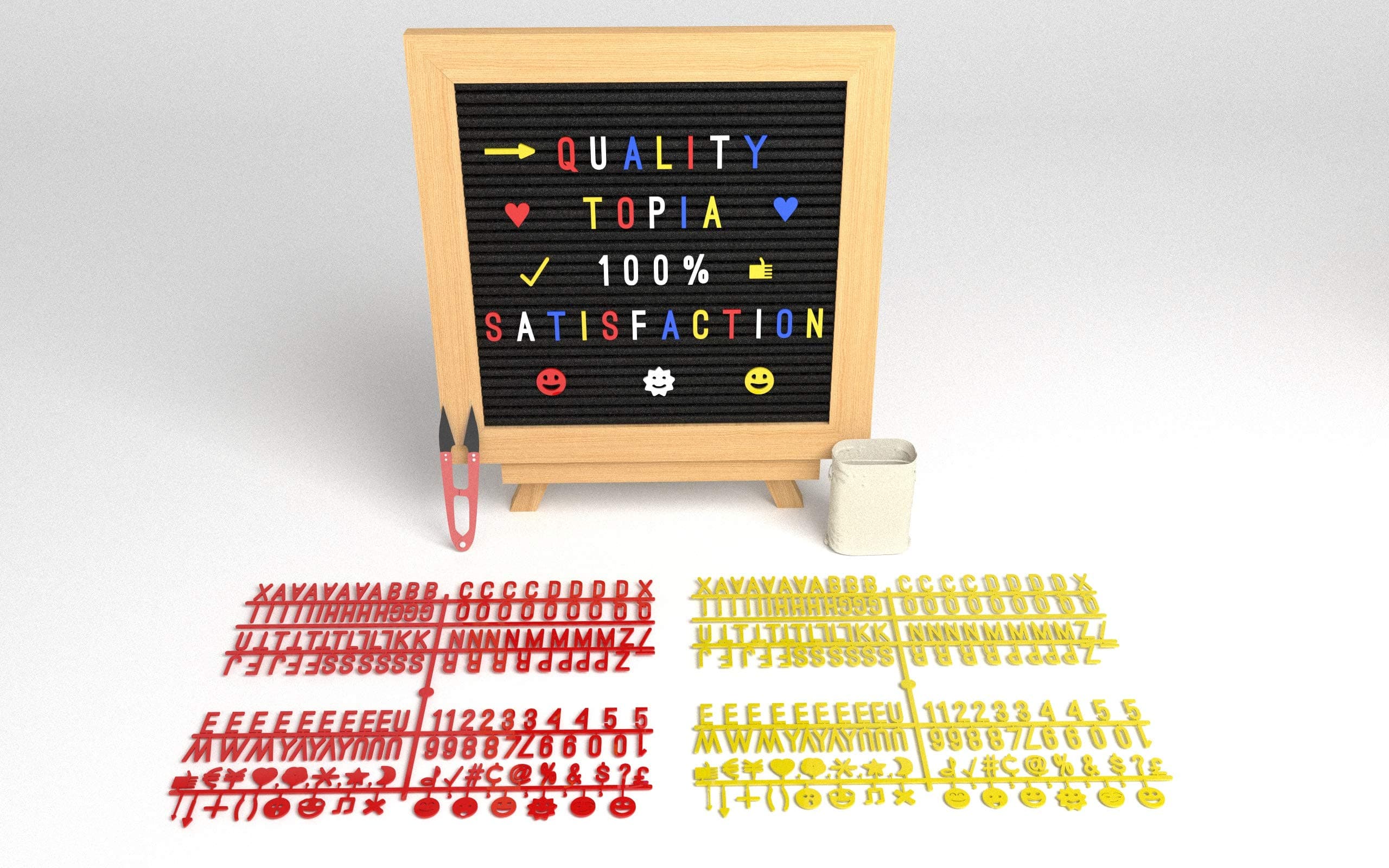 10’’ x 10’’ Natural Oak Felt Letter Board With Stand By Quality Topia | 680 Interchangeable Characters, Letters, Symbols & Emoji | Creative Message Board With Tripod Wood Stand, Cotton Bags & Scissors