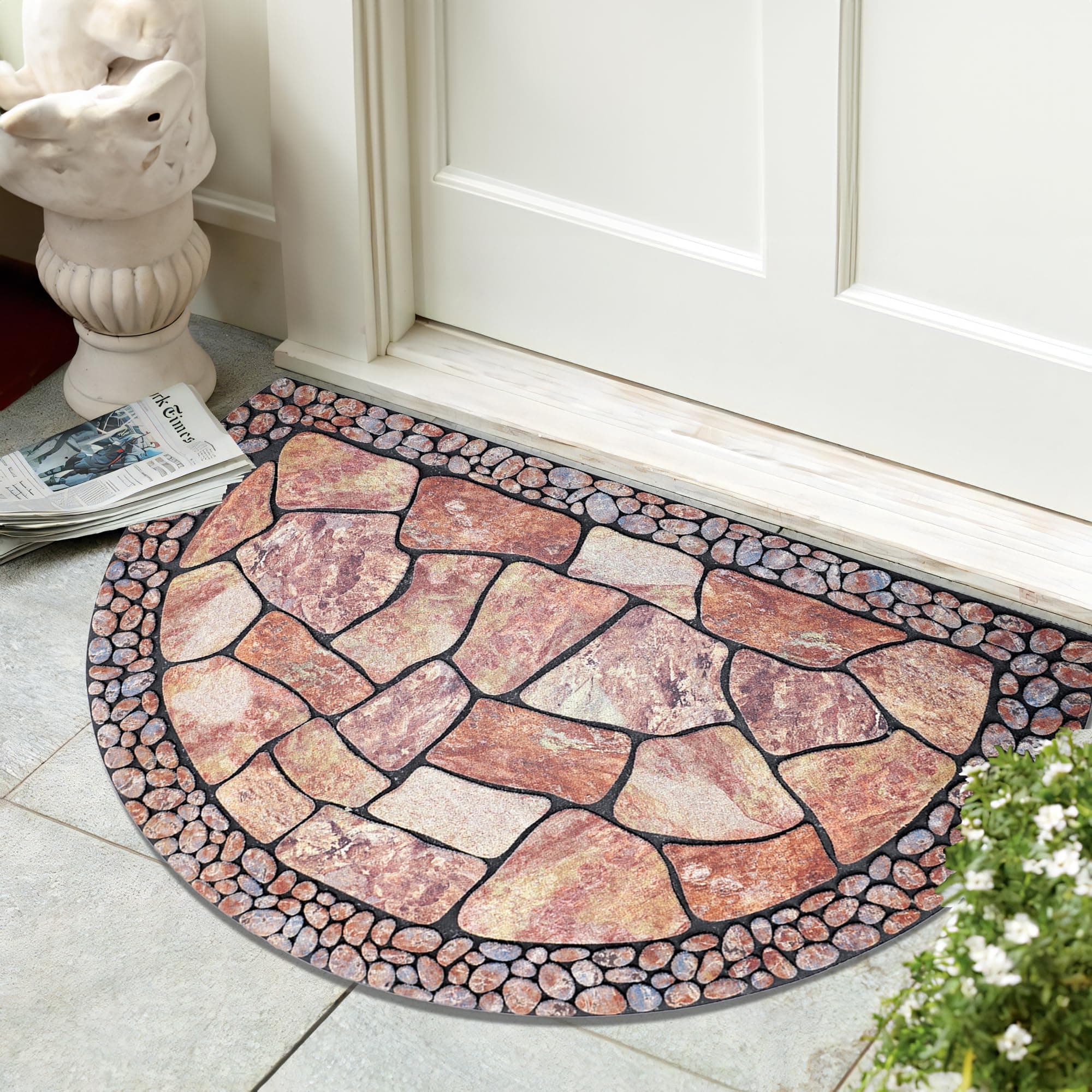 Eanpet Decorative Doormat Outdoor Rubber Mat for Front Door Entrance Mat Indoor 2x3 Rug for Front Door Entry Non Slip Mat Outside Doormat Half Round (Cobble)