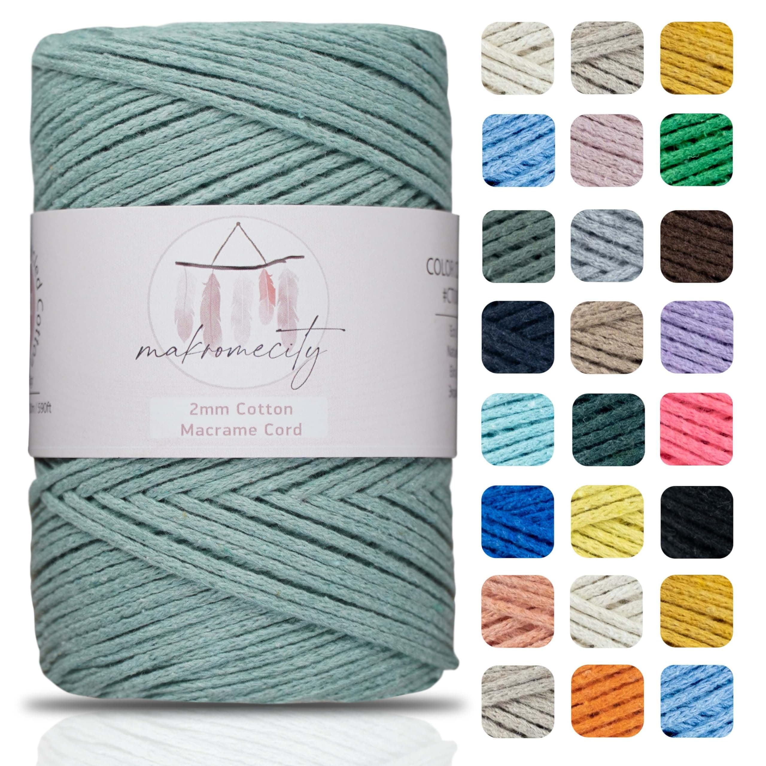 Makromecity, Cotton Macrame Cord 2mm x 195 Yards (590 feet) 2mm Recycled Cotton Crochet Yarn for Macrame Art & Crafts for Wall Hangings, Bags, Underplate, Rug (25 Colors Available) (Crepe Green)