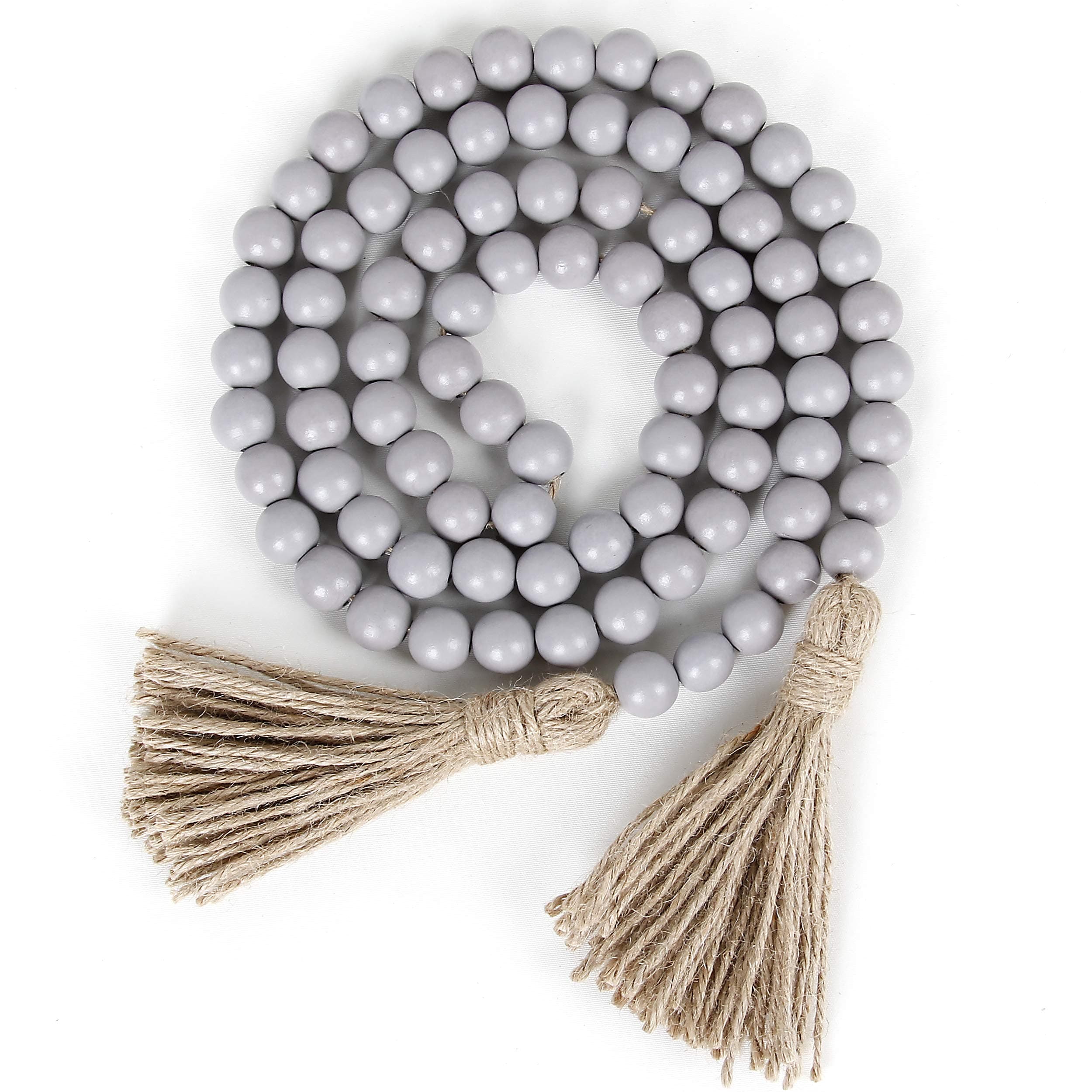 58in Wood Bead Garland with Tassels, Farmhouse Rustic Country Decor Prayer Boho Wall Hanging Decoration (Gray)