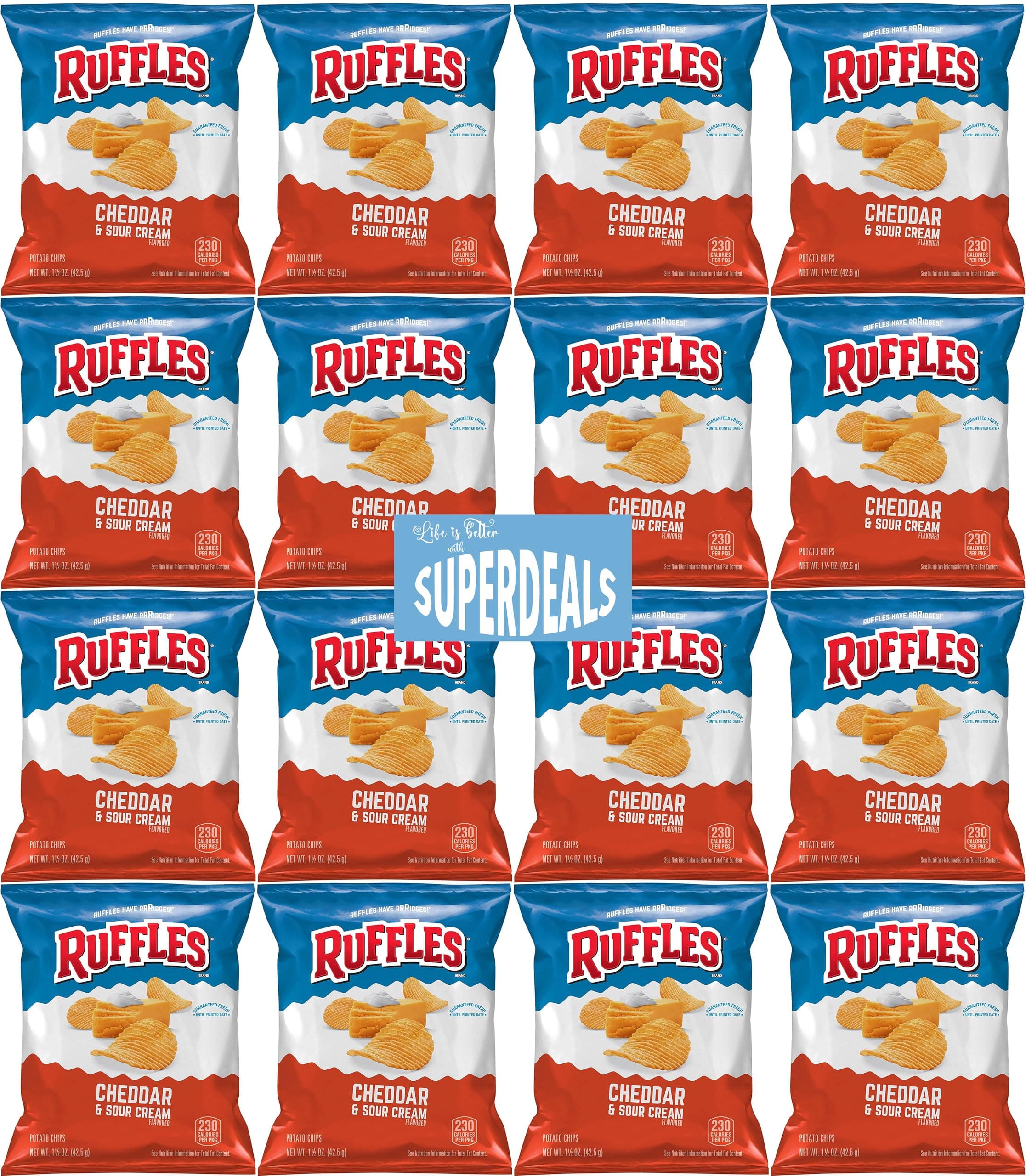 Ruffles Potato Chips, Cheddar Sour Cream, 1.5 Ounce Bag (Pack of 16) Value Pack Bundled by SUPERDEALS with Mystery Gift
