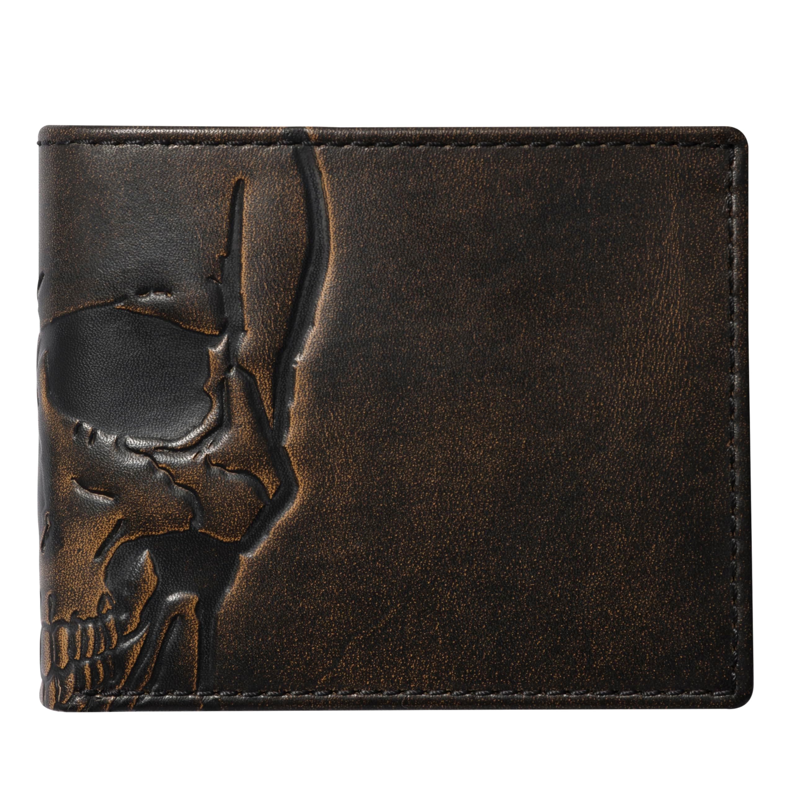 HOJ Co. Skull Wallet-Double ID Bifold-Full Grain Mens Leather Wallet-Multi Card Capacity