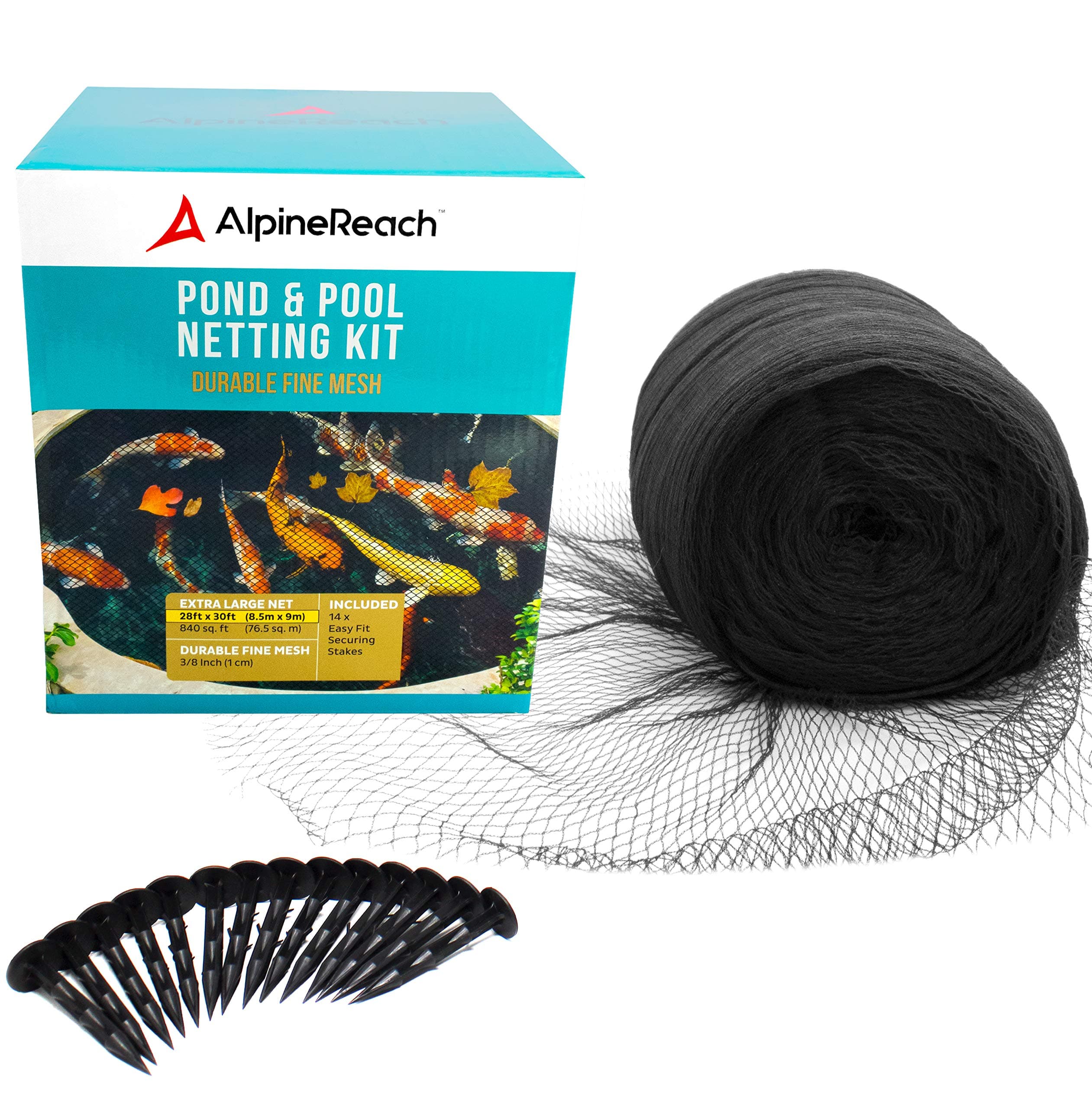 – AlpineReach Koi Pond Netting Kit 8.5m x 9m Black Heavy Duty Woven Fine Mesh Net Cover for Leaves - Protects Koi Fish from Blue Heron Birds, Cats & Predators – Reusable & Stakes Included