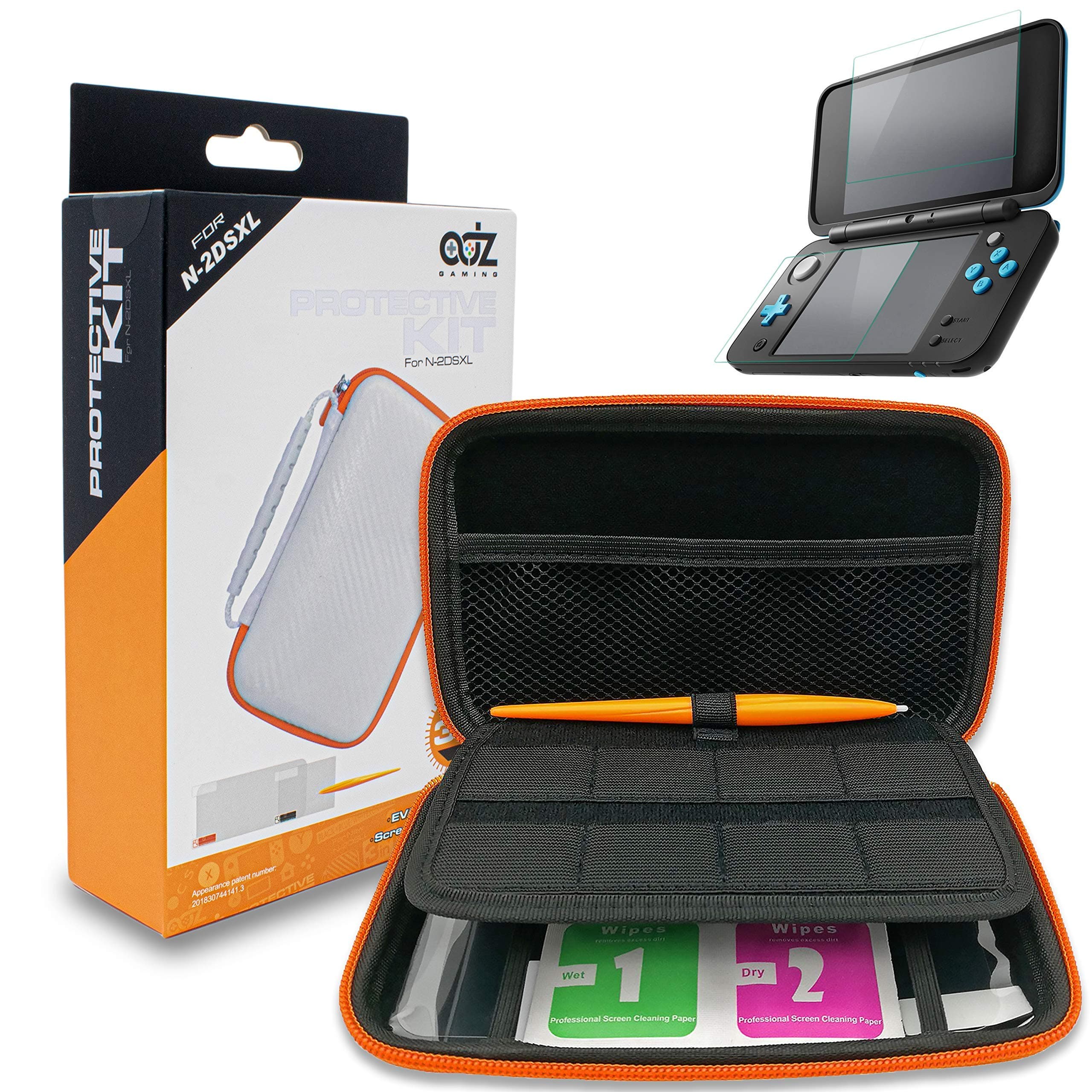 White / Orange Hard Protective Carry Case 3 in 1 Accessory Kit 2 Screen Protector Film, 1 Electromagnetic Touch Pen, Game Card Storage Accessories for New Nintendo 2DS XL Console