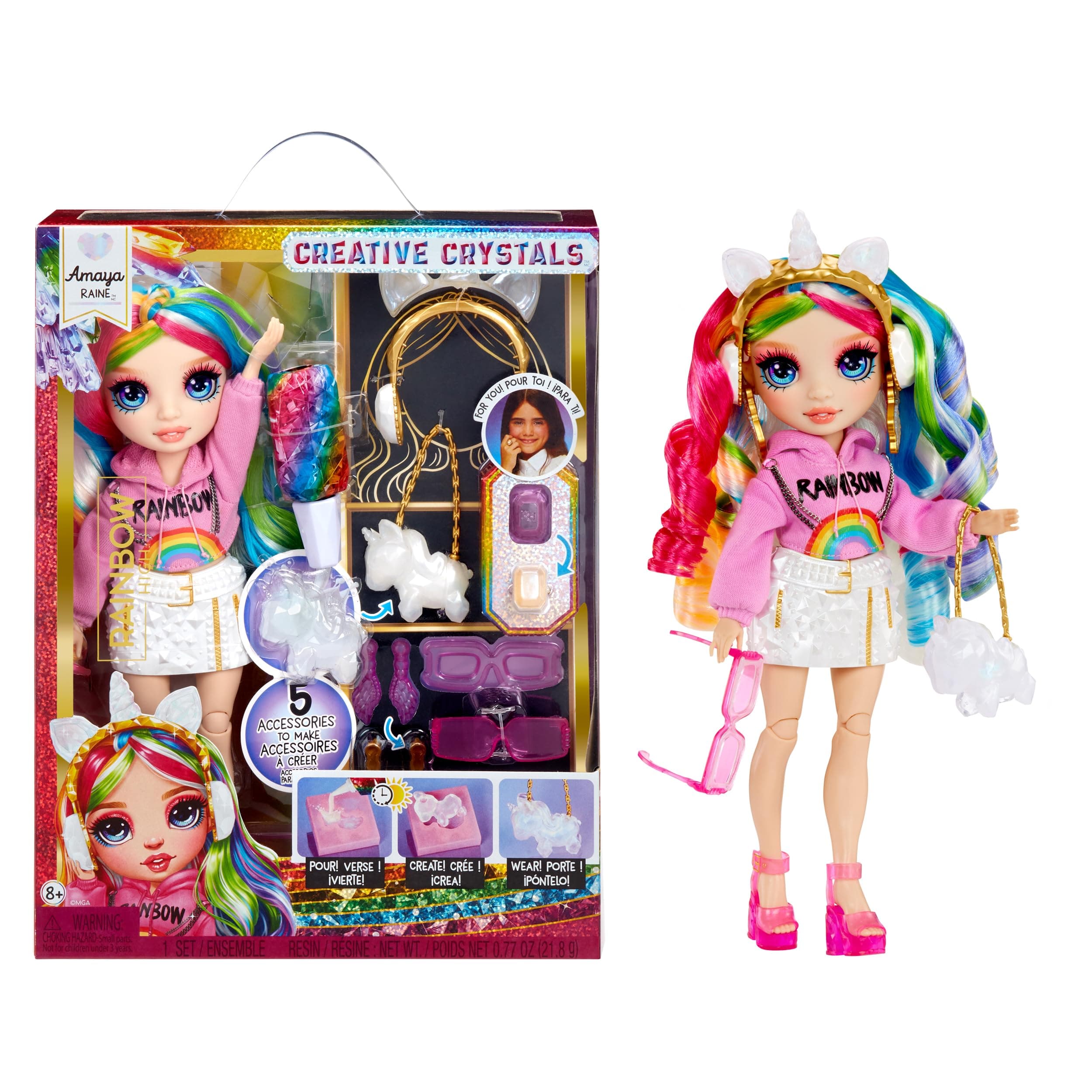 Creative Crystals Amaya - Rainbow 11” Fashion Doll with Crystal Accessory Make It Kit, Ring for You, DIY, Crafts, Resin Play, Kids Gift 8+