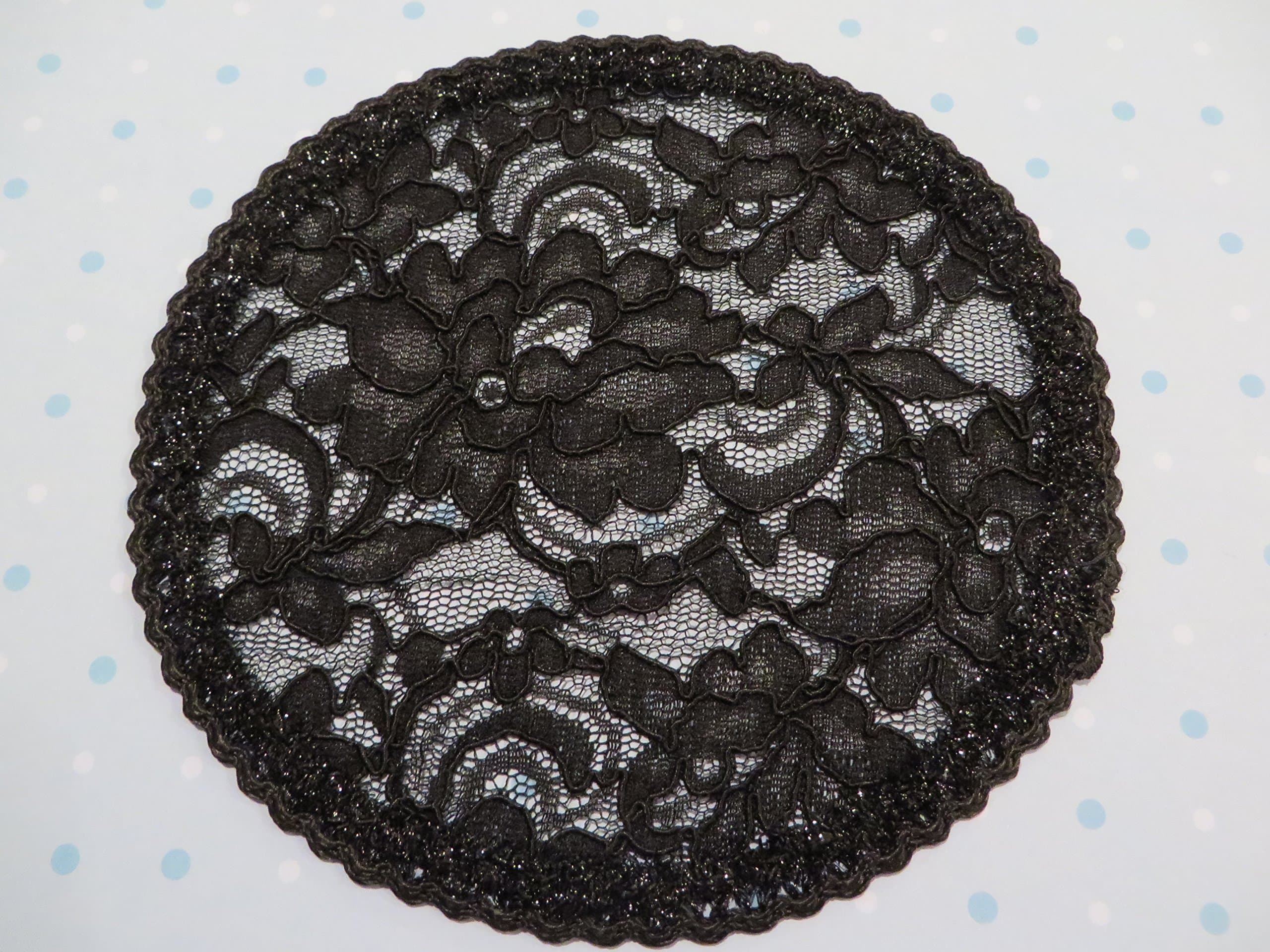 Handmade black lace doily head cover with metallic thread trim (with decorative bobby pin)