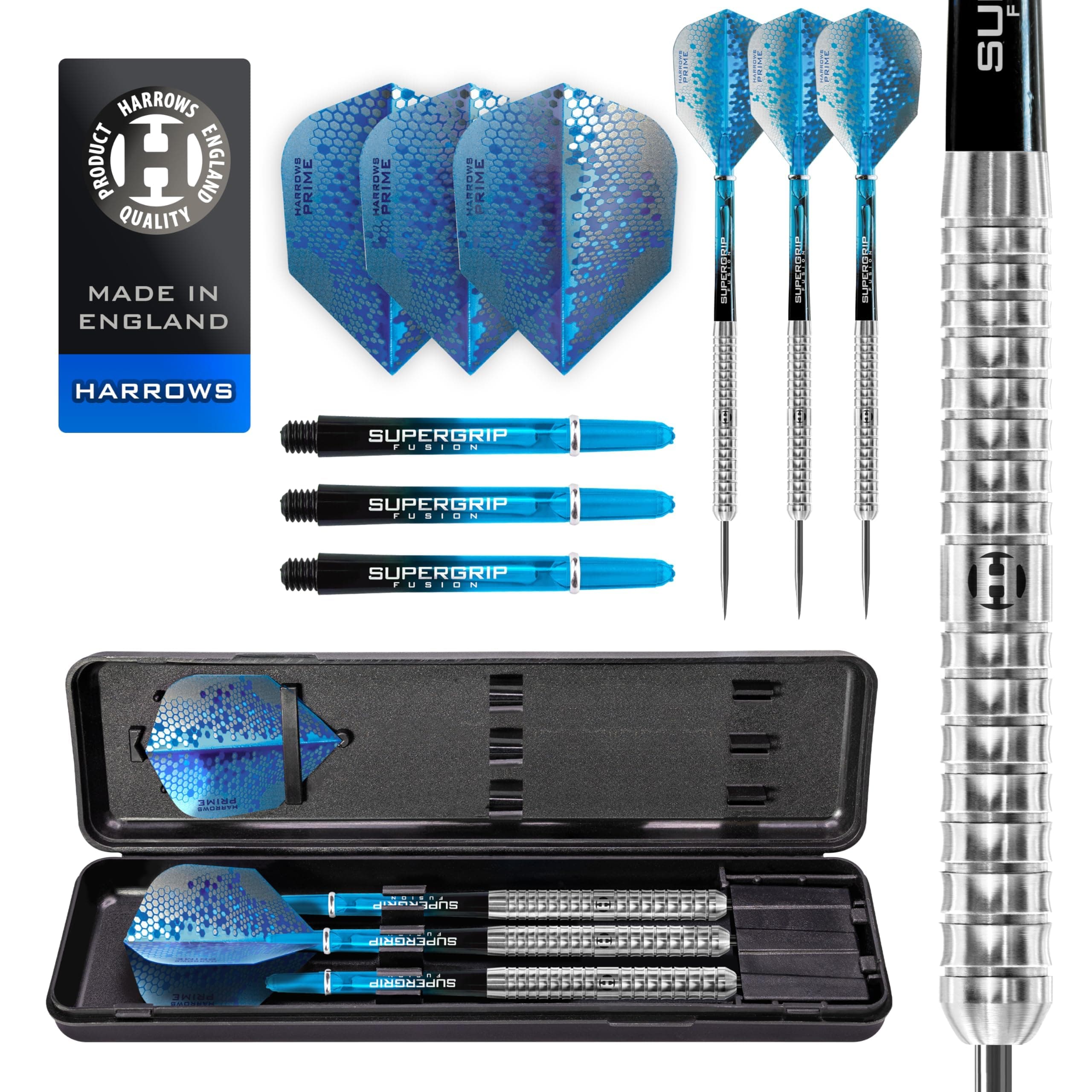 Harrows Pulse 90% Tungsten Steel Tip Darts Set 21g, 22g, 23g, 24g & 25g - Includes Recessed Curve Grip, Aqua Supergrip Fusion Shafts, Prime Flights & Travel Case