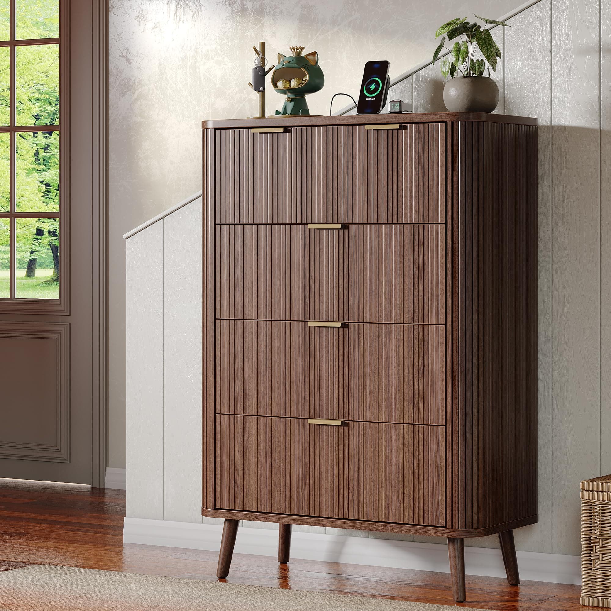 Fluted 5 Drawers Dresser for Bedroom, 48" Tall Mid Century Modern Chest of Drawers with Curved Profile Design, Wood Storage Dressers for Closet Bedroom, Living Room, Hallway, Entryway