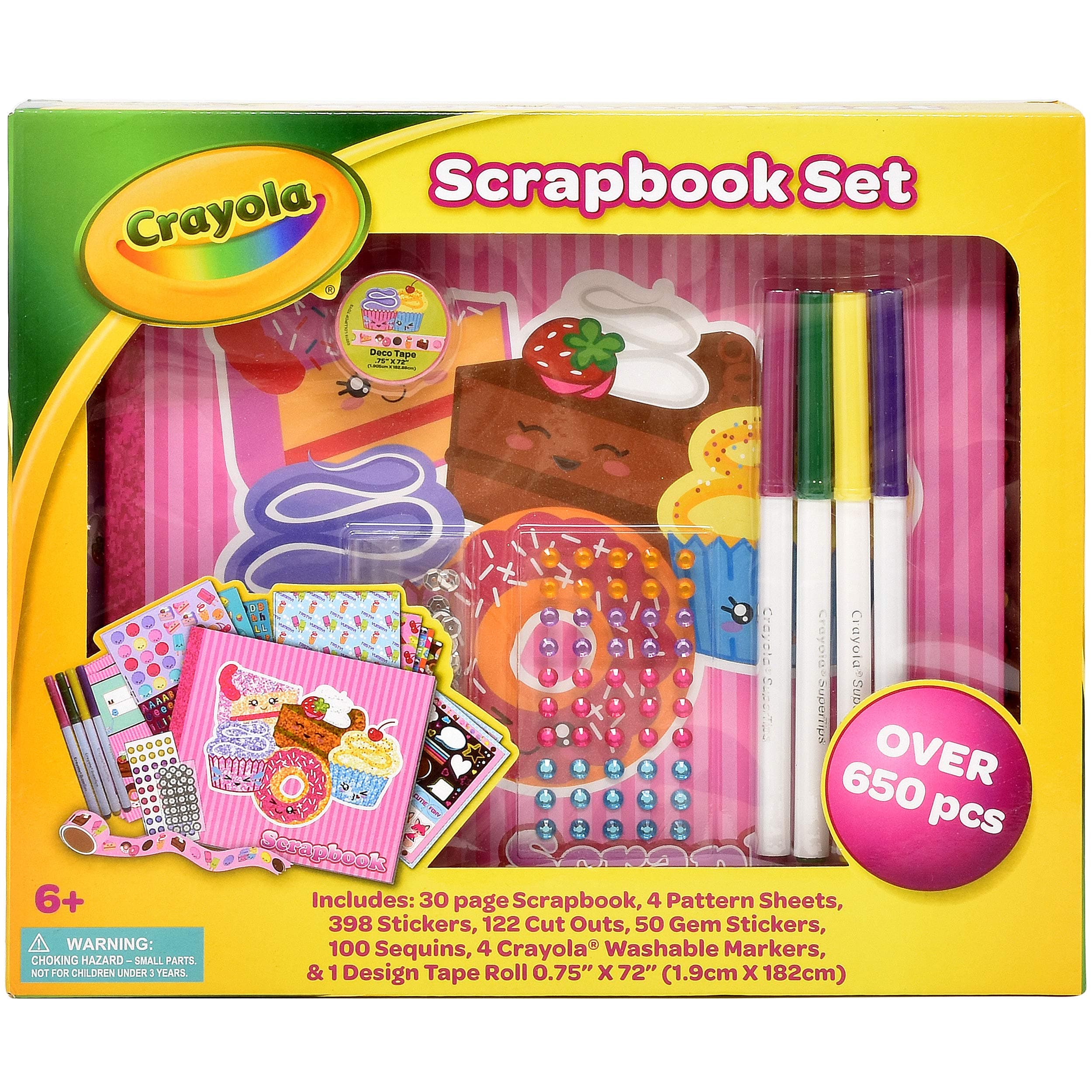 Crayola Scrapbook Activity Craft Kit, Mess Free Journal Set for Kids, Drawing Art Supplies Included Scrapbook, Pattern Sheets, Cut Outs, Gem Stickers, Sequins, Crayola Washable Markers and Tape