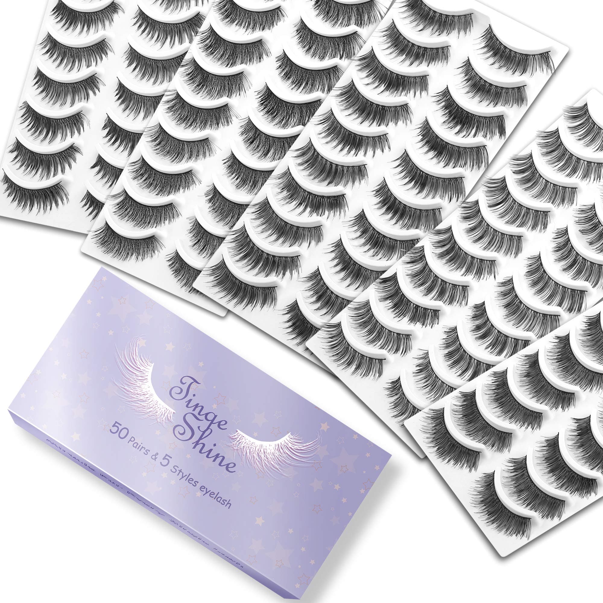 50 Pairs 5 Styles Natural False Eyelashes Set, TINGESHINE Professional Eyelashes Pack, Handmade Soft Band Reusable Comfortable Fake Lashes, 10 Pairs Eyes Lashes Each Style