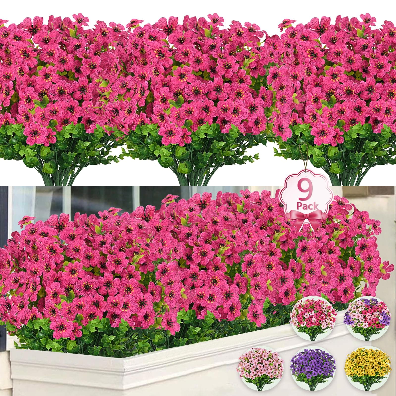 ElyumArtificial Flowers for Outdoors, 9 Bundles Artificial Plants & Flowers Outdoor, UV Resistant Faux Flowers Outdoor Fake Flowers for Outside Porch Window Box Decoration(Rose Red)