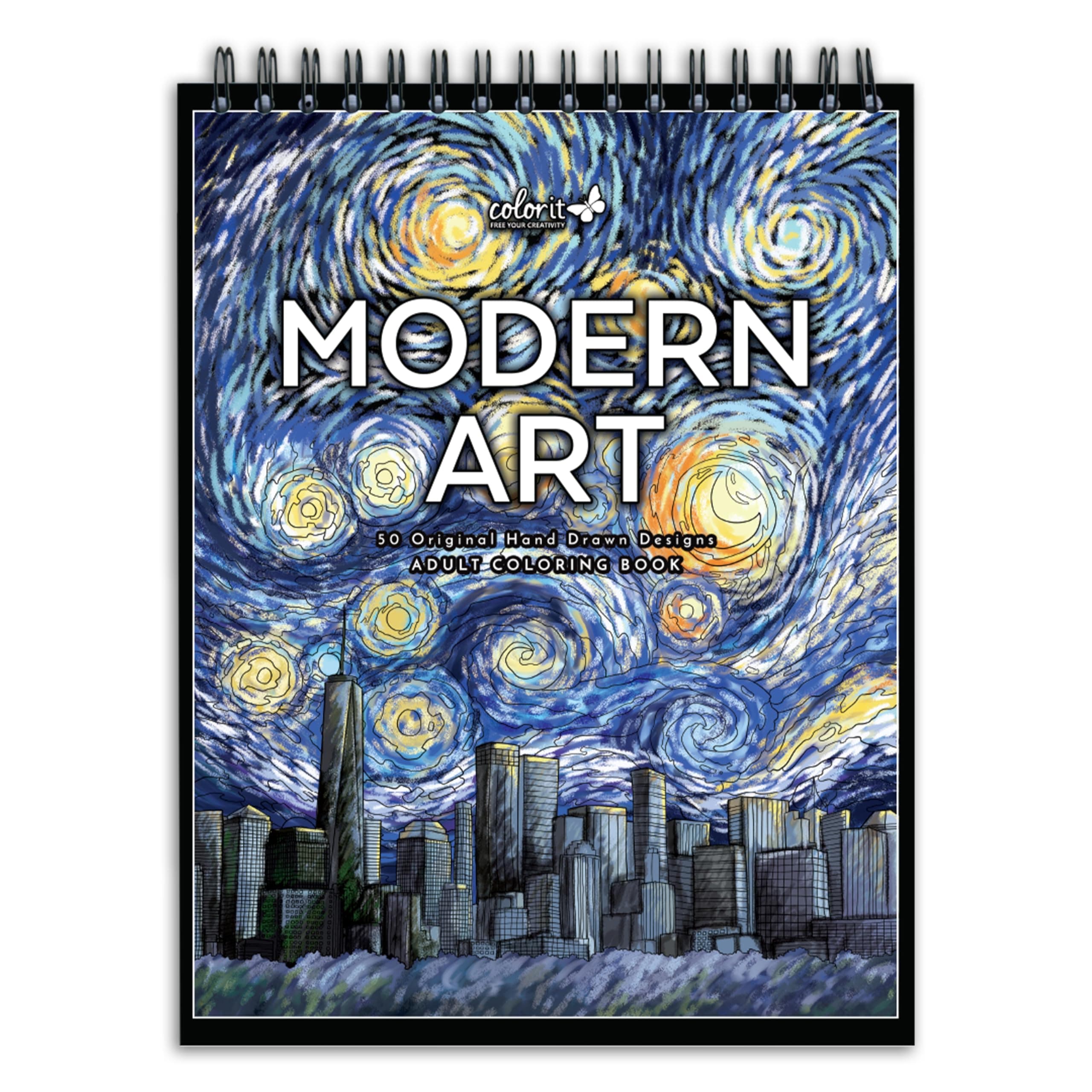 Modern Art Adult Volume 1 Coloring Book for Stress Relief, 50 Drawings Inspired by Famous Paintings, Smooth Paper, Spiral Binding, USA Printed, Lay Flat Hardback Book Cover, Ink Blotter Paper