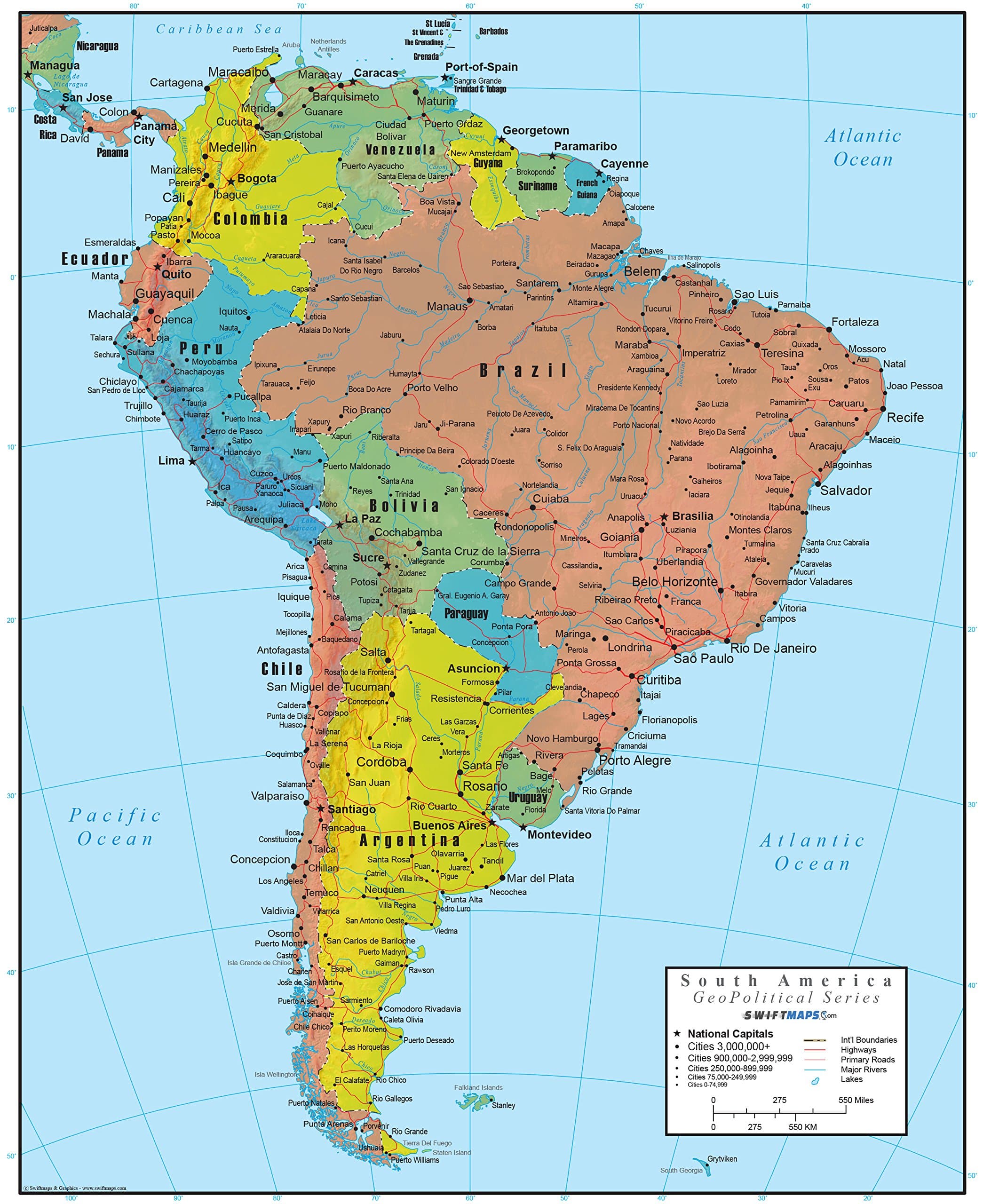 South America Wall Map Laminated GeoPolitical Edition by Swiftmaps A2 (42cm x 60cm)
