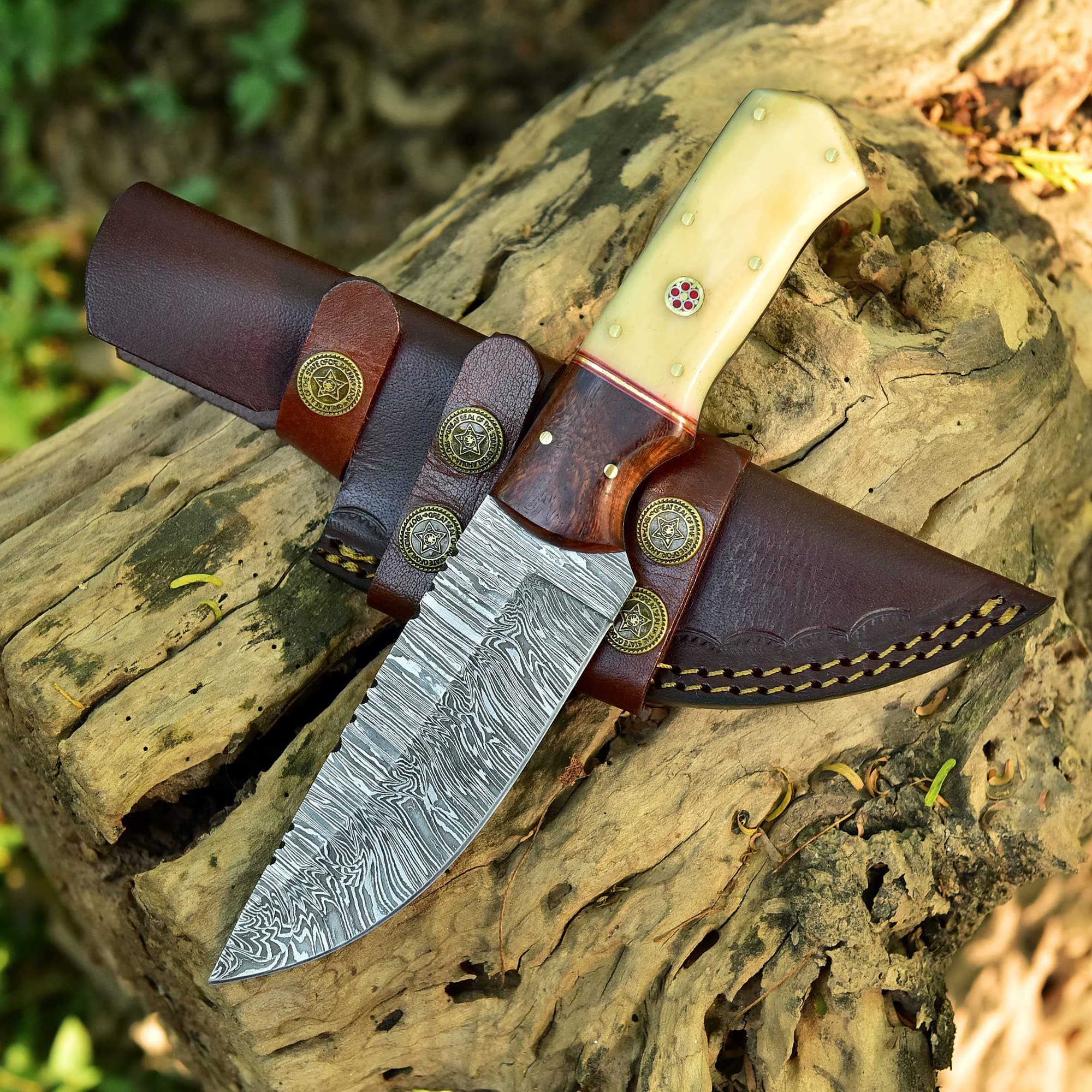 Handmade Damascus Steel Hunting Knife 9 Inches Fixed Blade Knife With Leather Sheath G-127 Bone