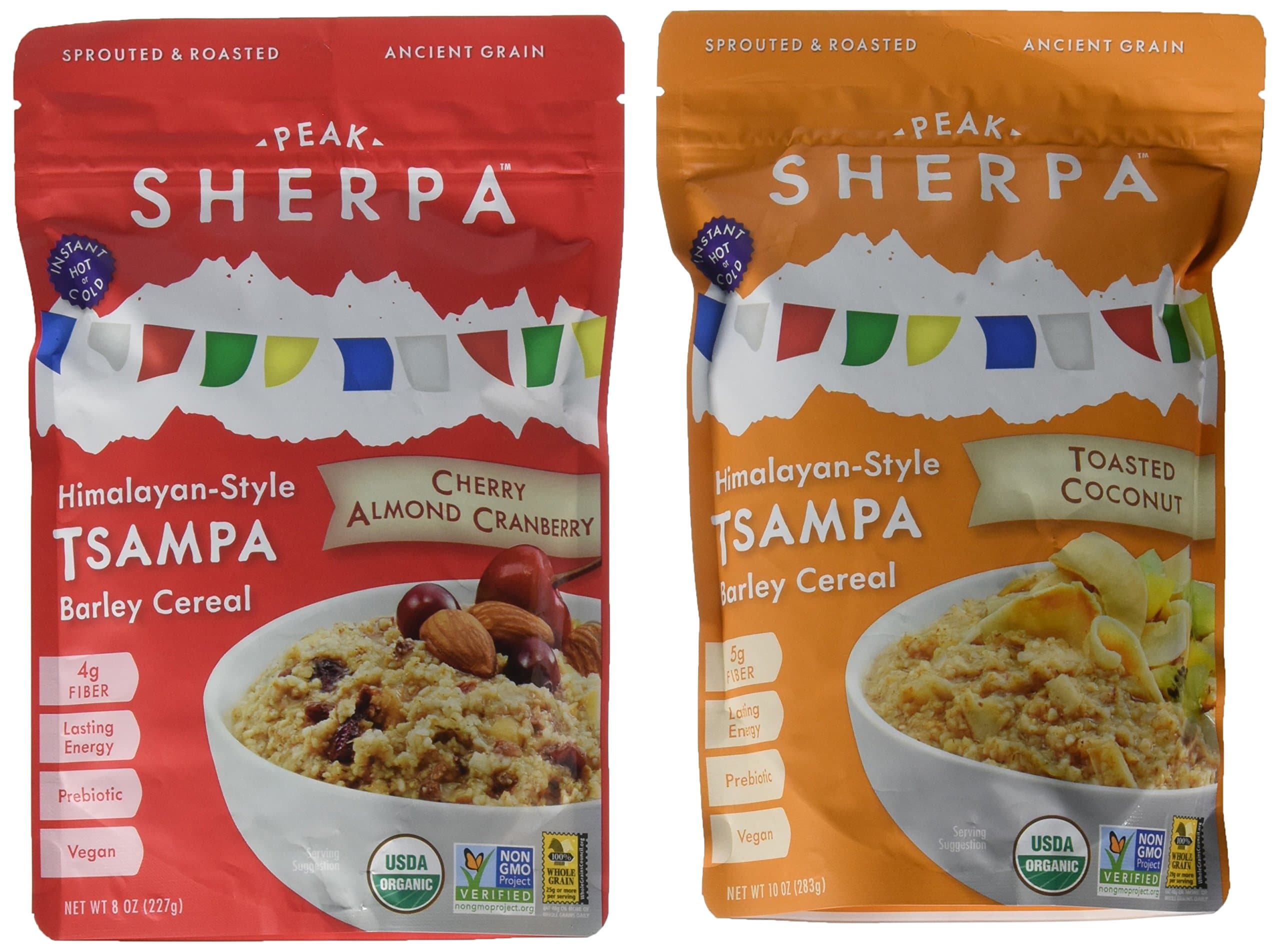 Peak Sherpa Tsampa Cereal, Cherry Almond Cranberry and Toasted Coconut Flavors, Two Pouches, Ready to Eat, Certified Organic, Sprouted & Roasted Whole Grain Barley Cereal