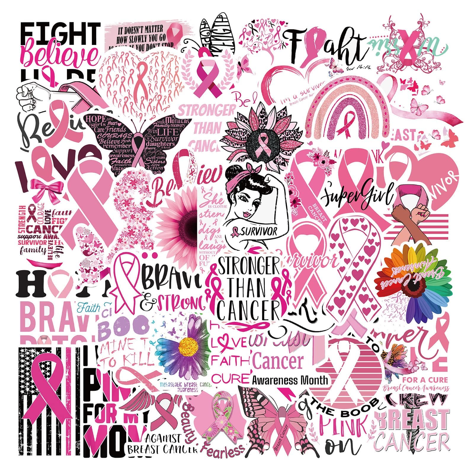 50PCS Breast Cancer Awareness Stickers,Pink Ribbon Stickers,Caring for Women's Health Waterproof Vinyl Stickers Decals for Laptop Bike Gifts for The People Care About Women (Breast Cancer)